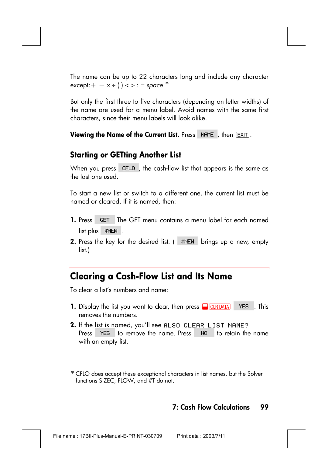 HP 17bII manual Clearing a Cash-Flow List and Its Name, Starting or GETting Another List 