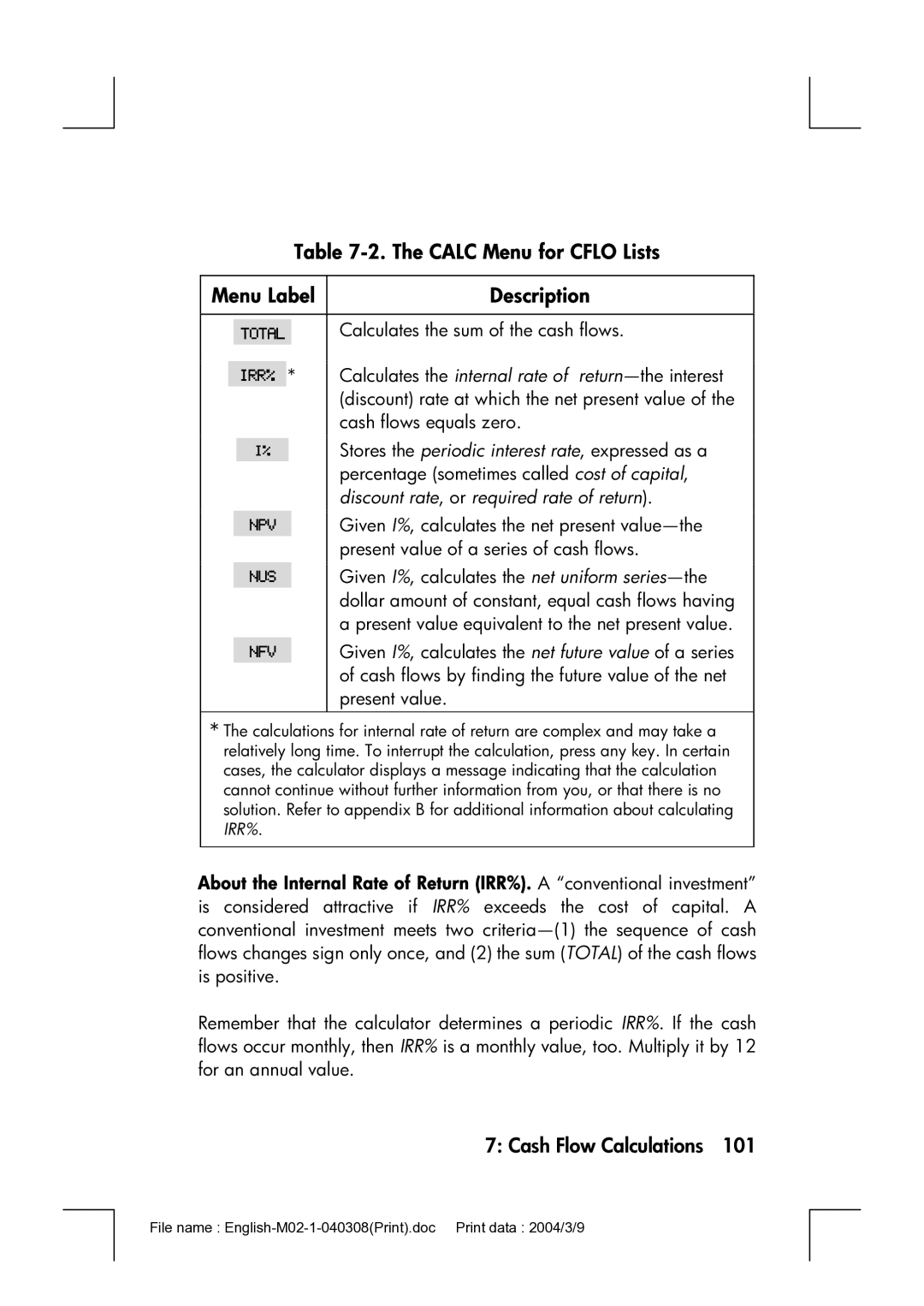 HP 17bII manual Calc Menu for Cflo Lists Menu Label, Description 