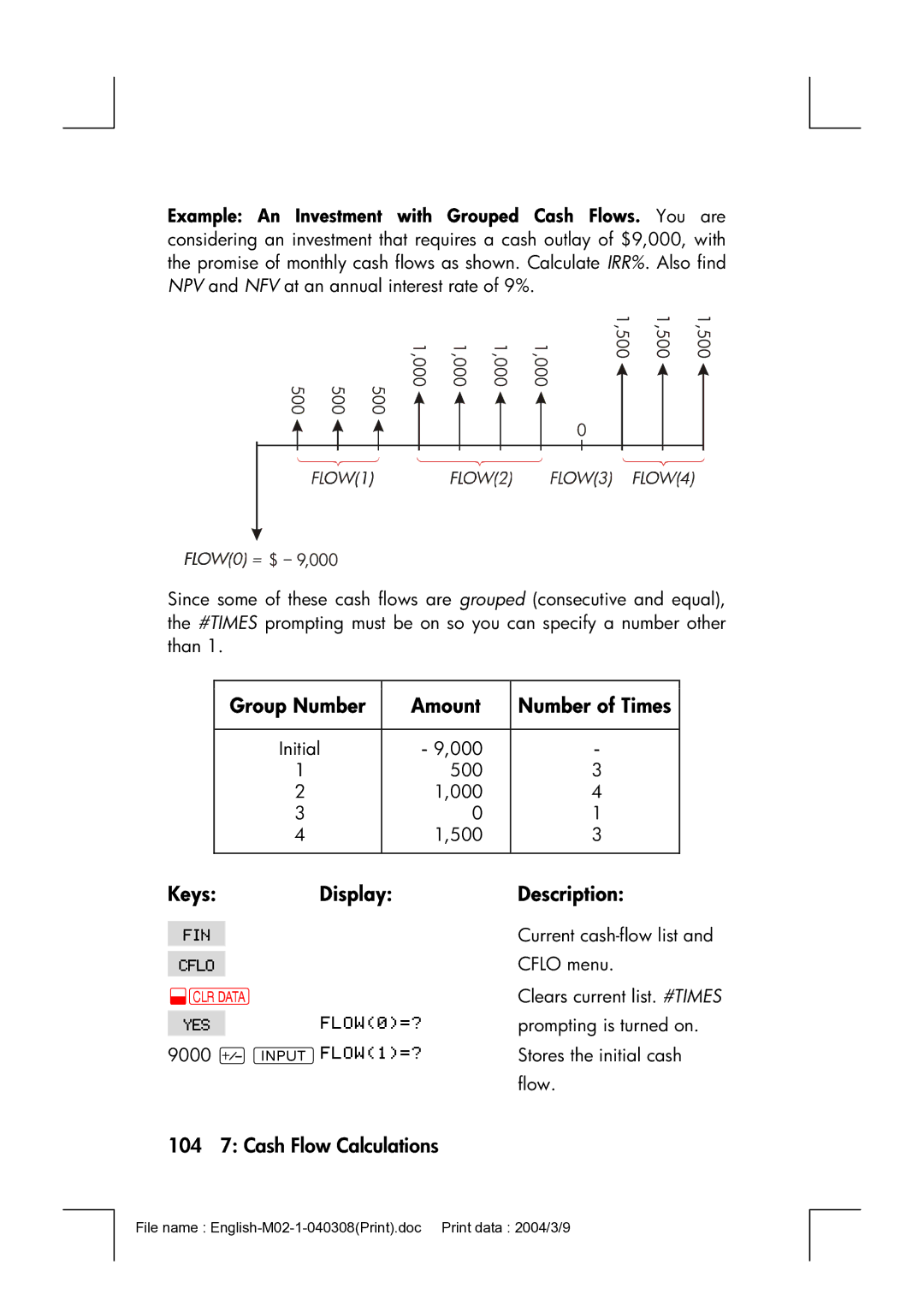 HP 17bII manual Group Number Amount, 104 7 Cash Flow Calculations 