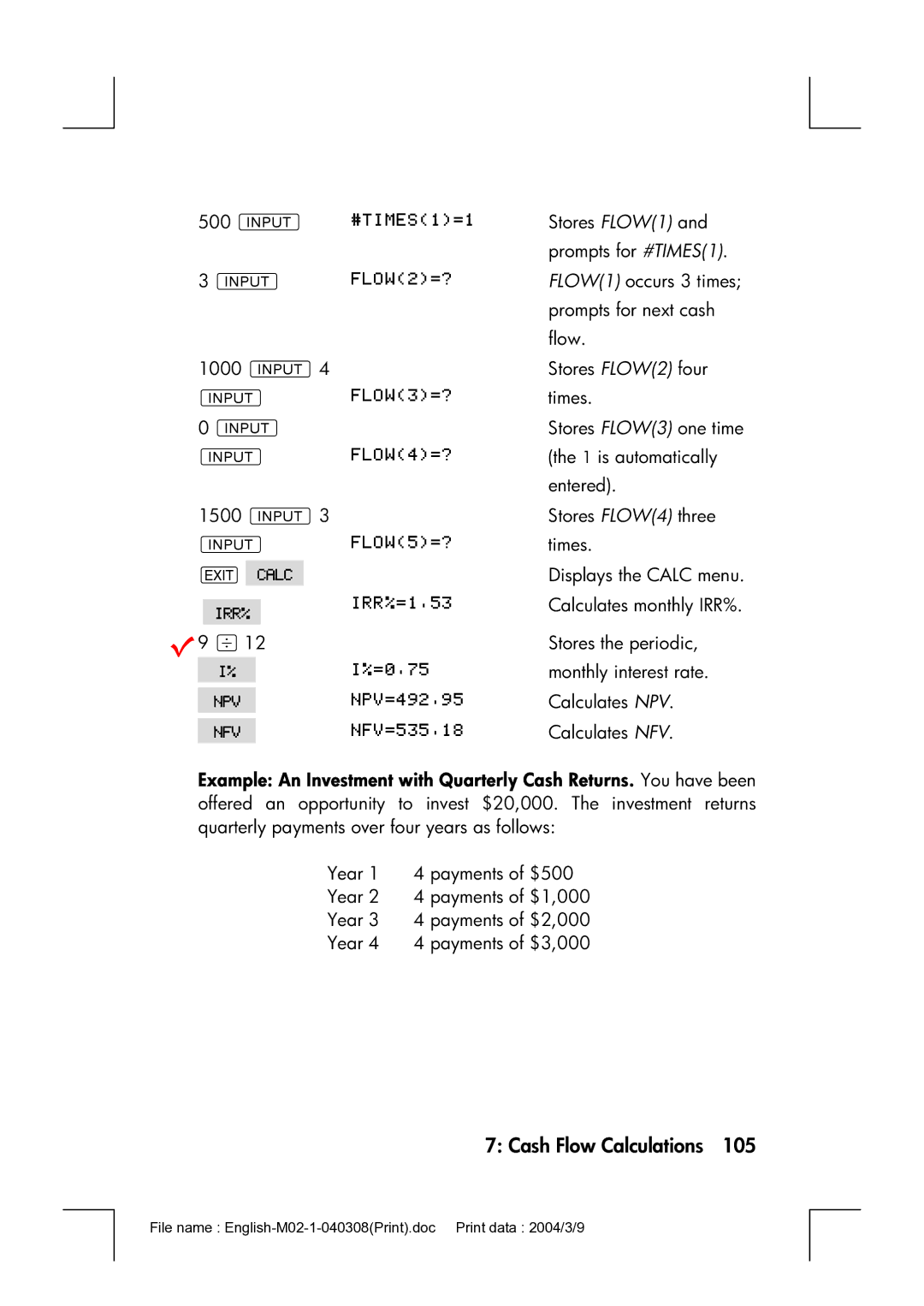 HP 17bII manual Prompts for next cash 