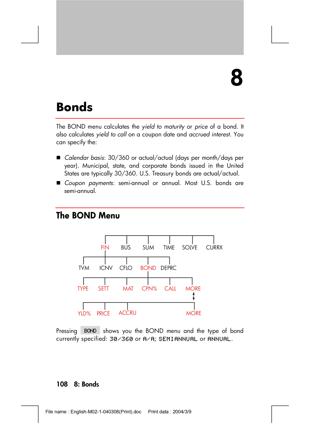 HP 17bII manual Bond Menu, 108 8 Bonds 