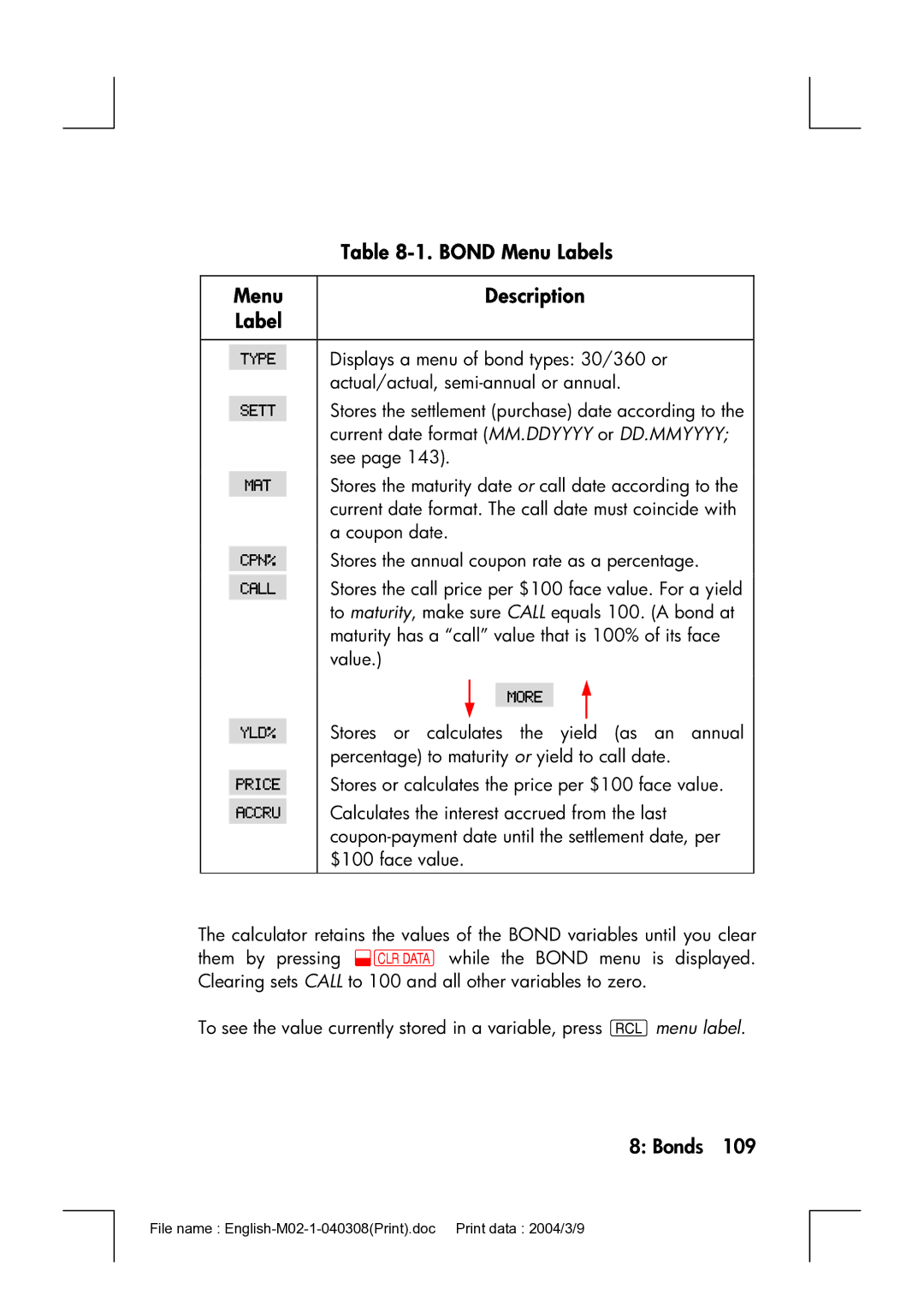 HP 17bII manual Bond Menu Labels, Menu Description Label, Bonds 