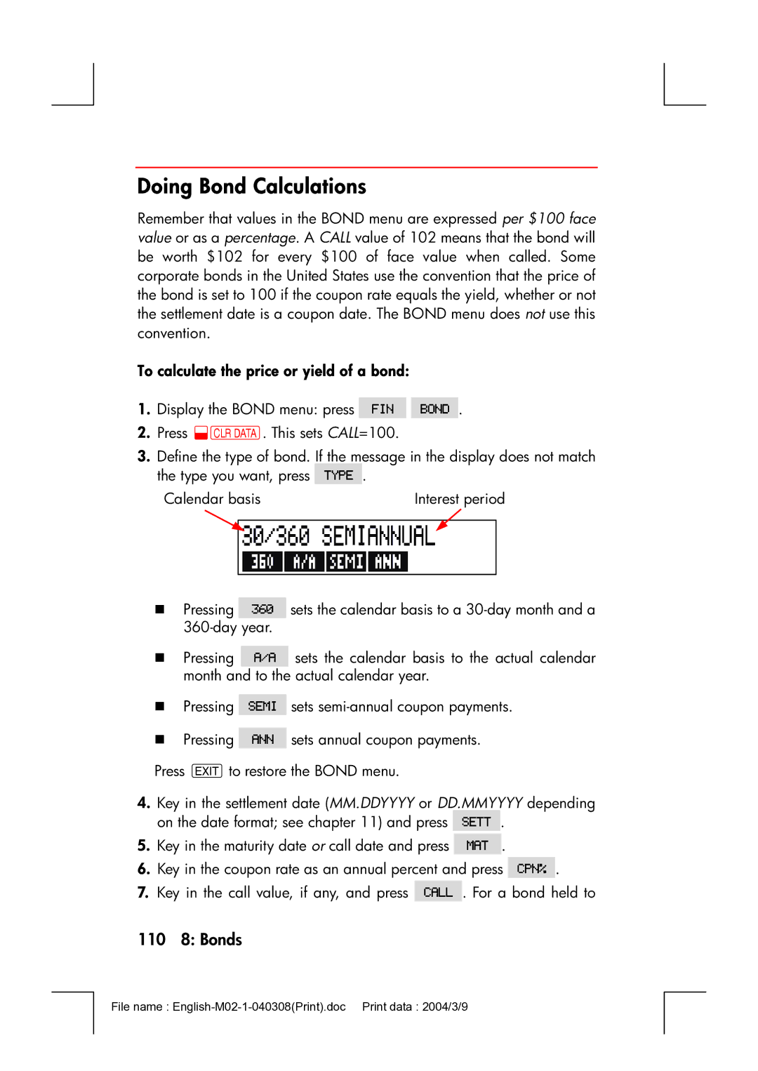 HP 17bII manual Doing Bond Calculations, 110 8 Bonds, To calculate the price or yield of a bond 