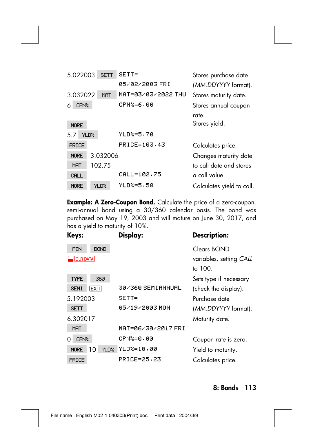 HP 17bII manual KeysDisplayDescription, MM.DDYYYY format 