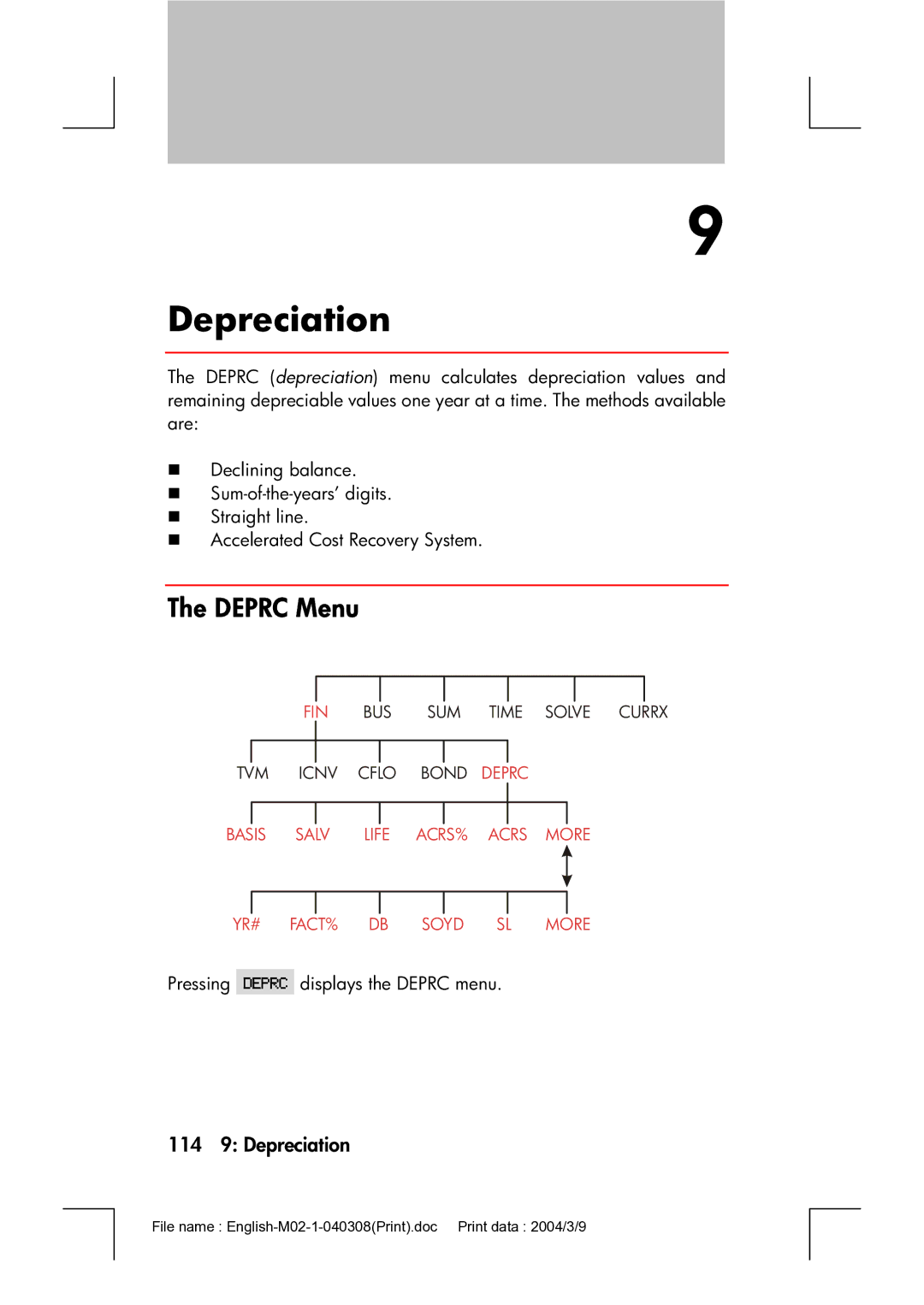 HP 17bII manual Deprc Menu, 114 9 Depreciation 