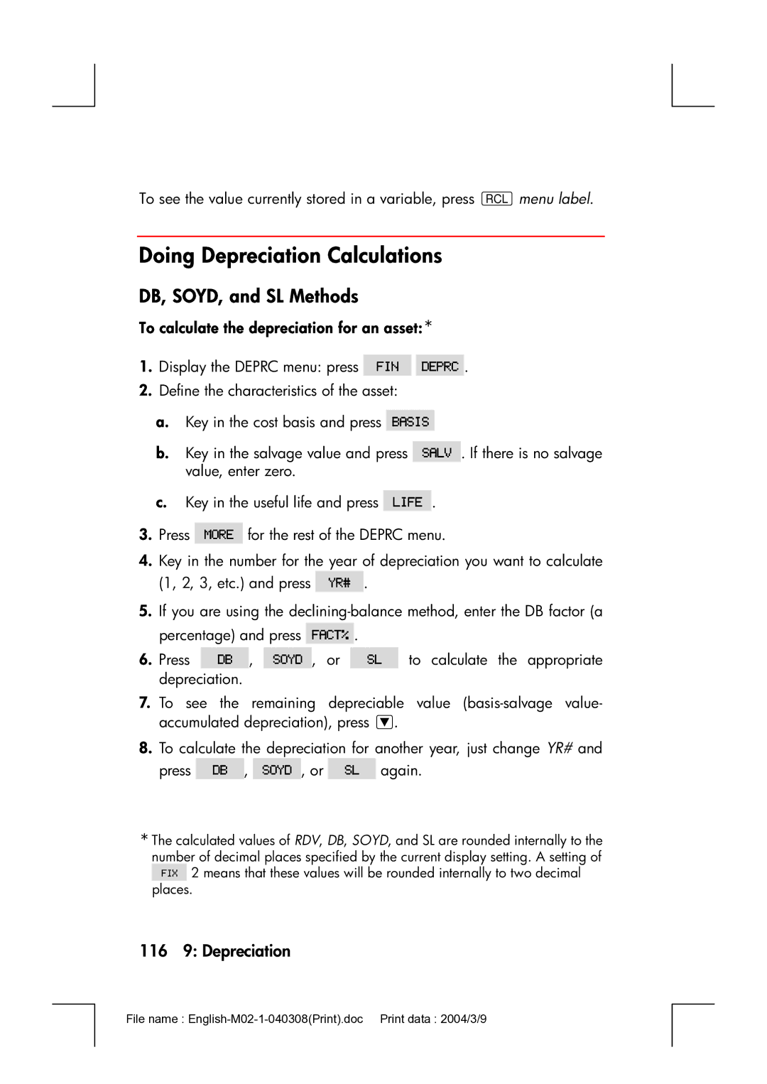 HP 17bII manual Doing Depreciation Calculations, DB, SOYD, and SL Methods, 116 9 Depreciation 