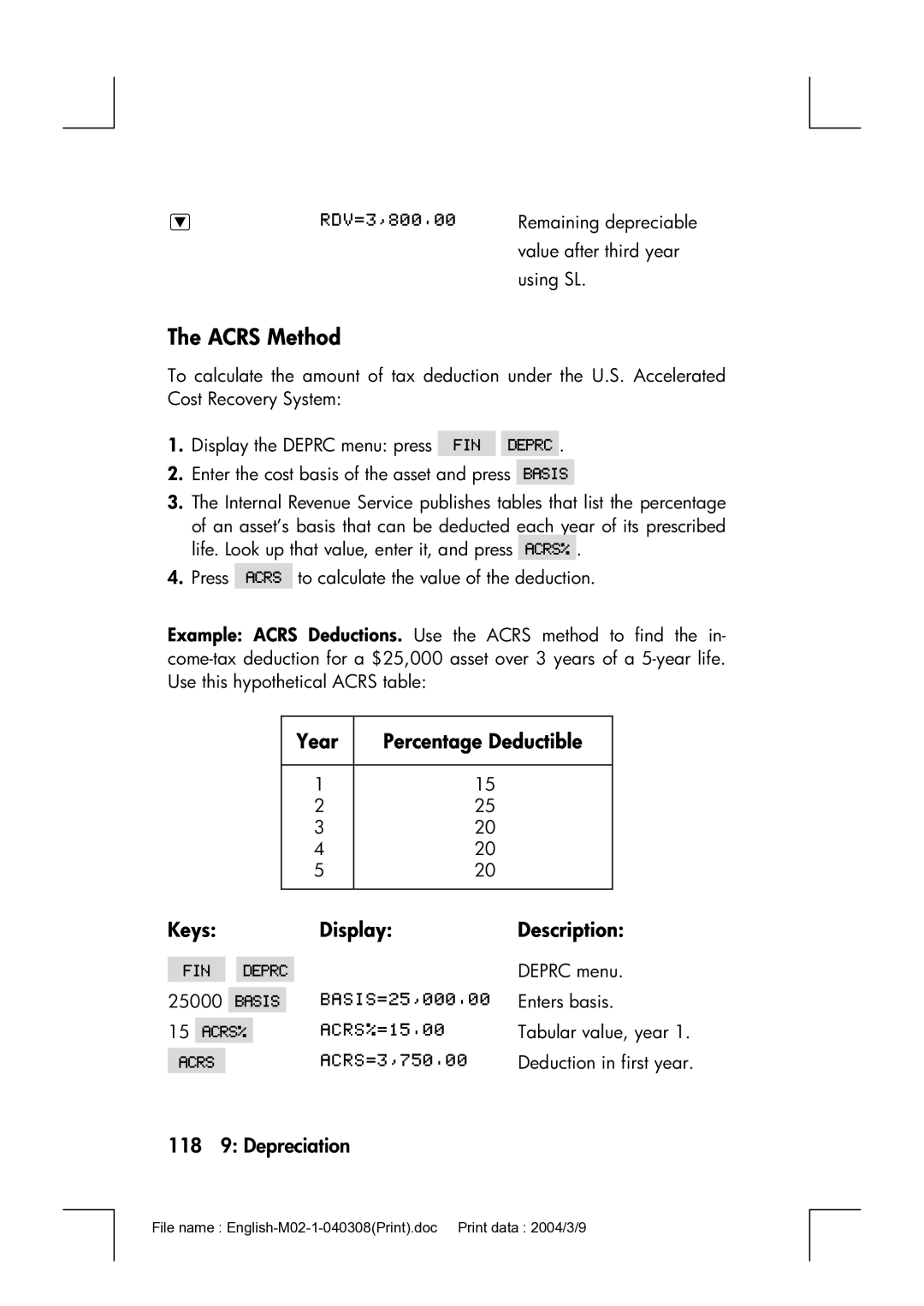 HP 17bII manual Acrs Method, Year Percentage Deductible Keys Display Description, 118 9 Depreciation 