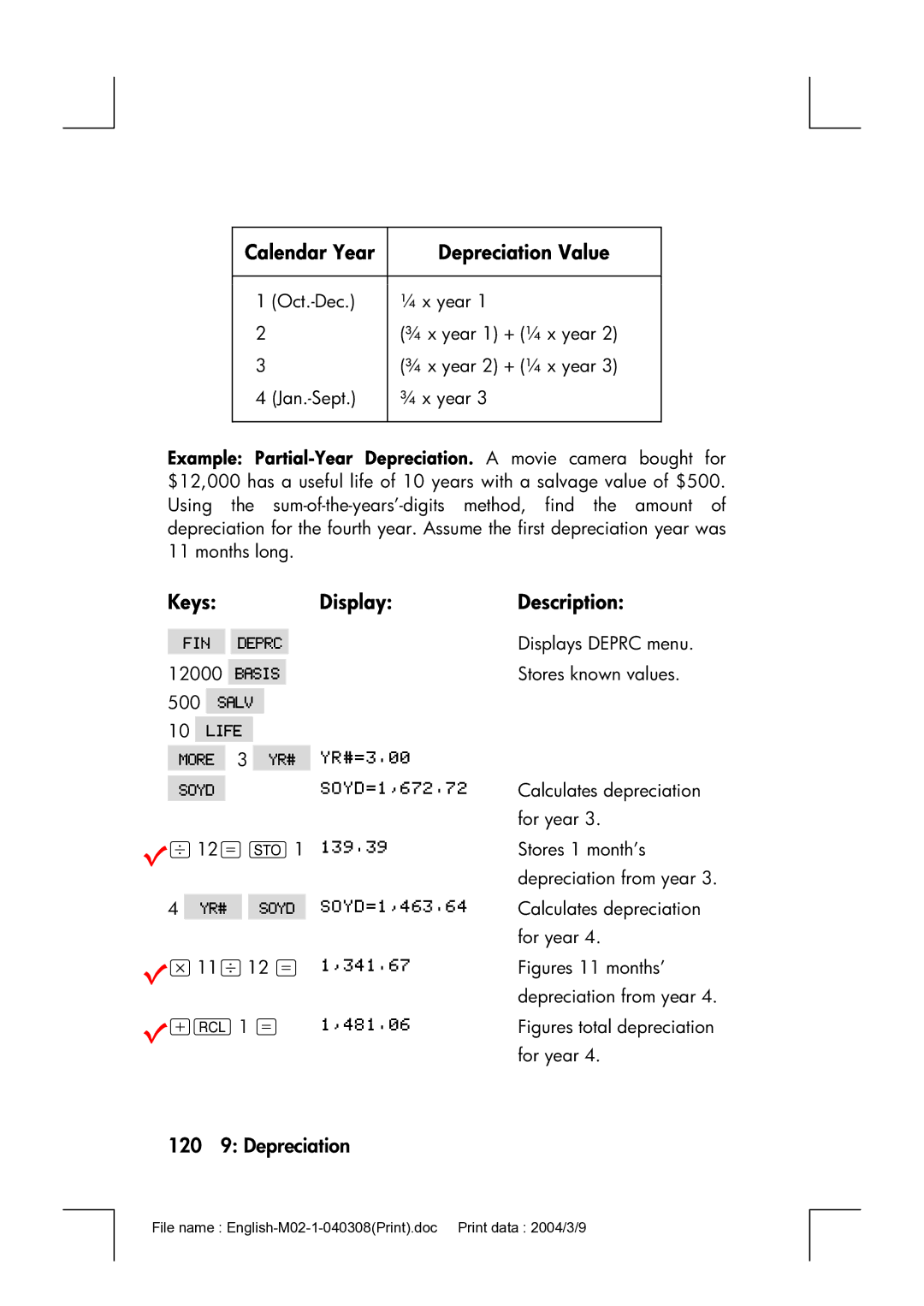 HP 17bII manual Calendar Year Depreciation Value, 120 9 Depreciation 