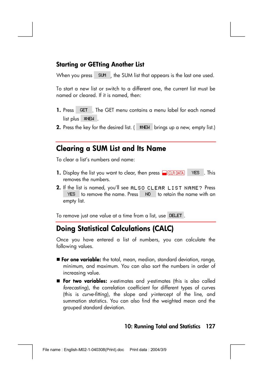 HP 17bII manual Clearing a SUM List and Its Name, Doing Statistical Calculations Calc 