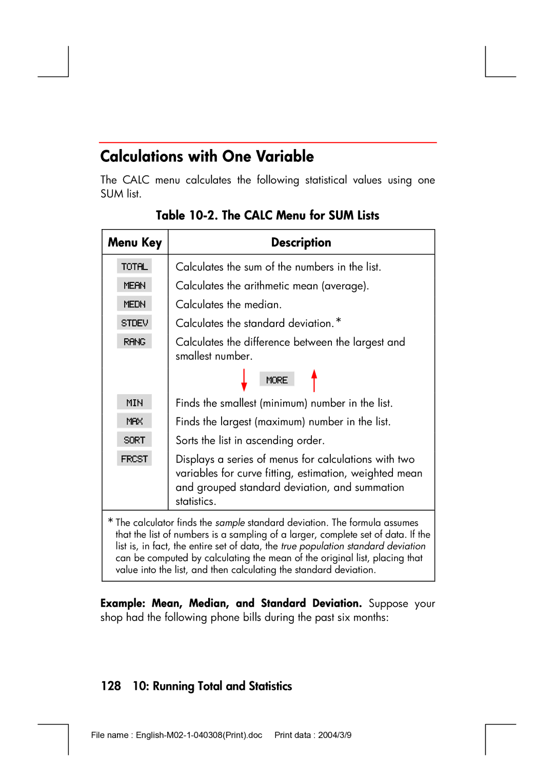 HP 17bII manual Calculations with One Variable, Calc Menu for SUM Lists Menu Key, 128 10 Running Total and Statistics 