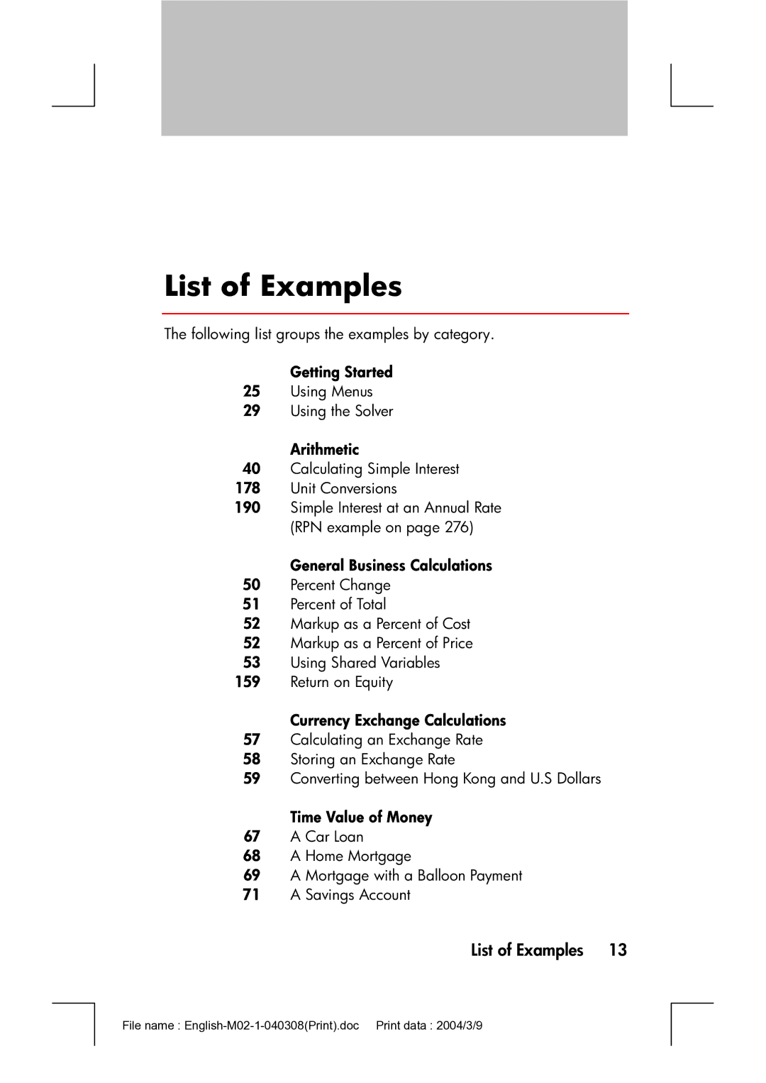 HP 17bII manual List of Examples, General Business Calculations, Currency Exchange Calculations 