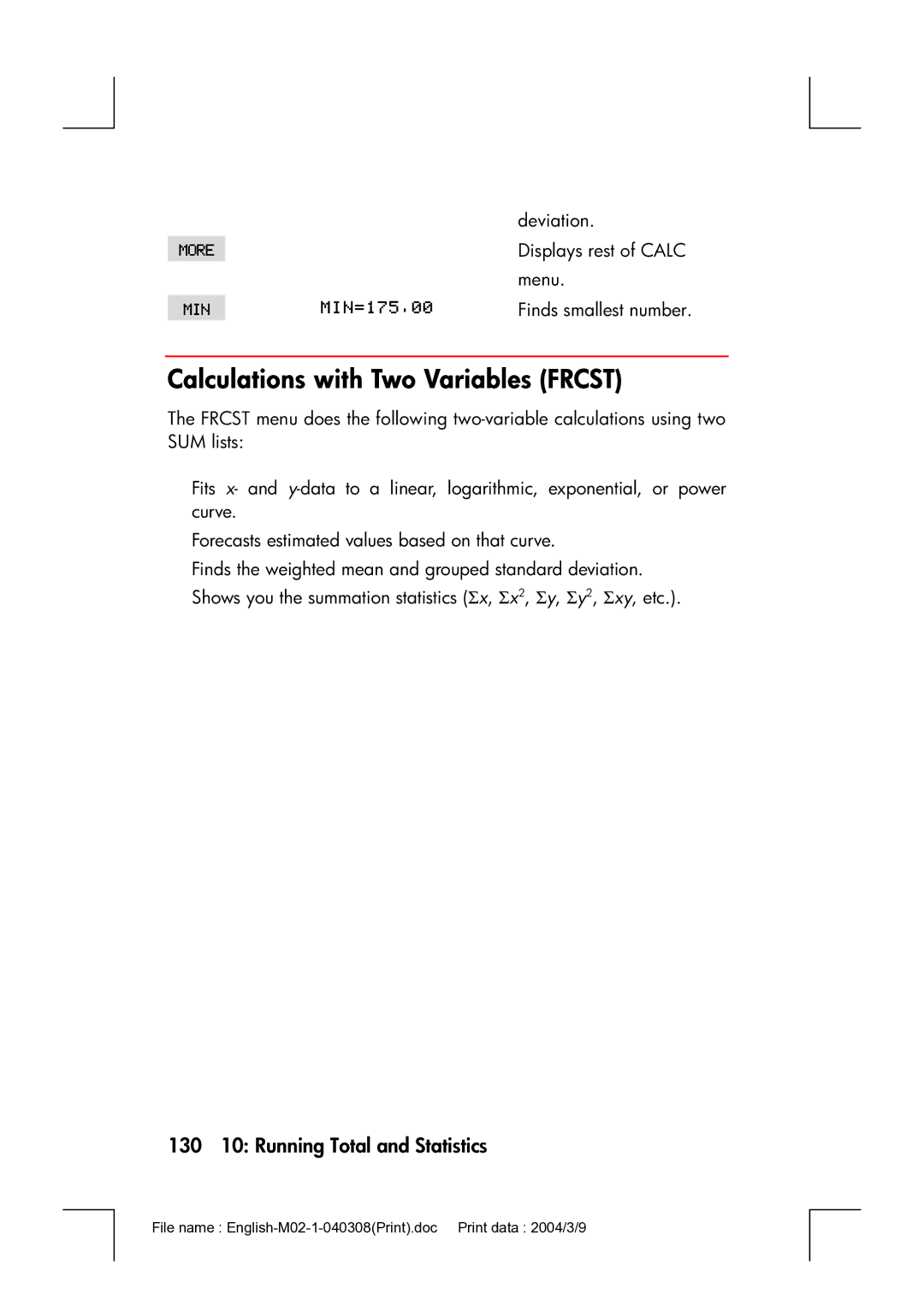 HP 17bII manual Calculations with Two Variables Frcst, 130 10 Running Total and Statistics 