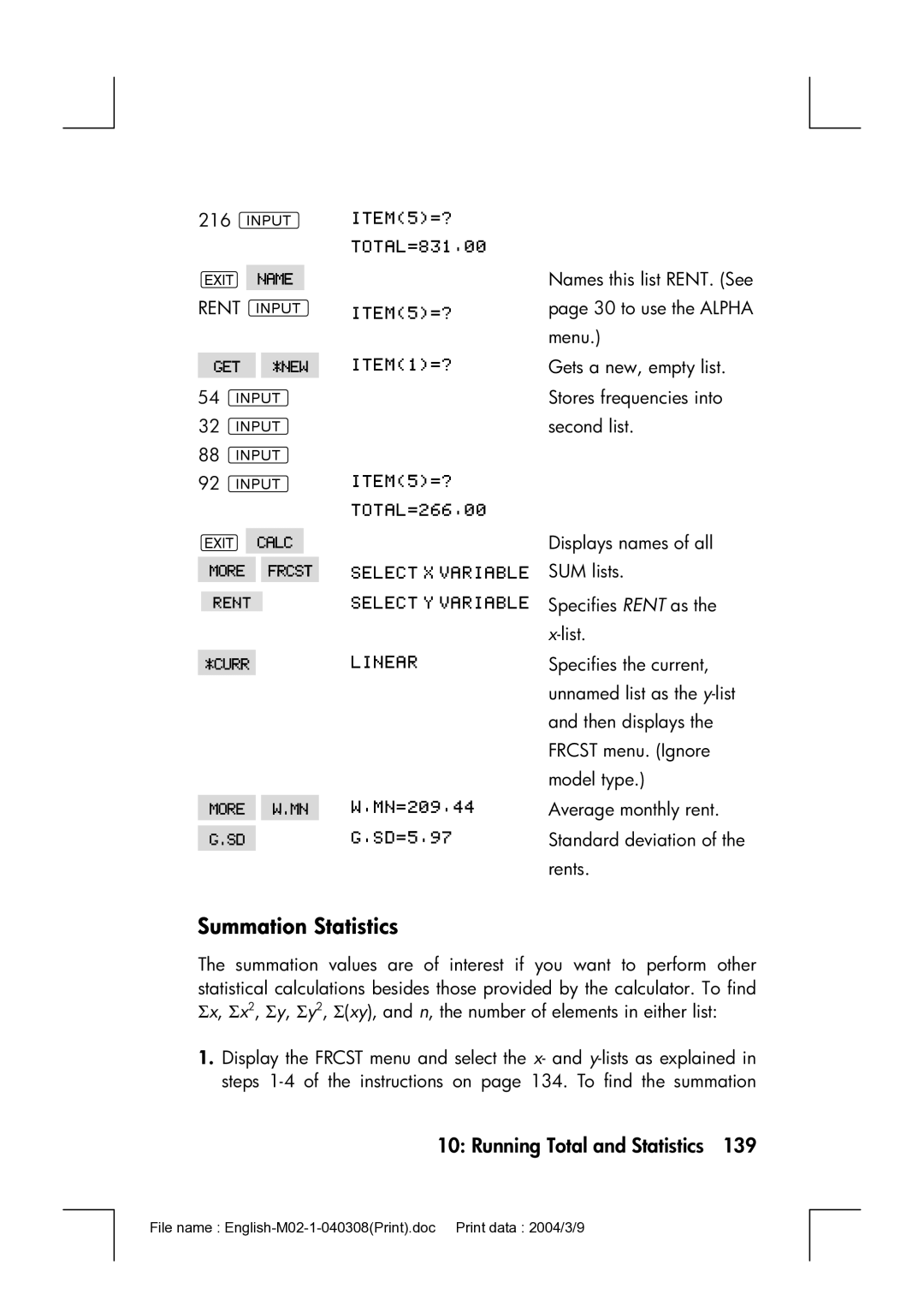 HP 17bII manual Summation Statistics, Rent 