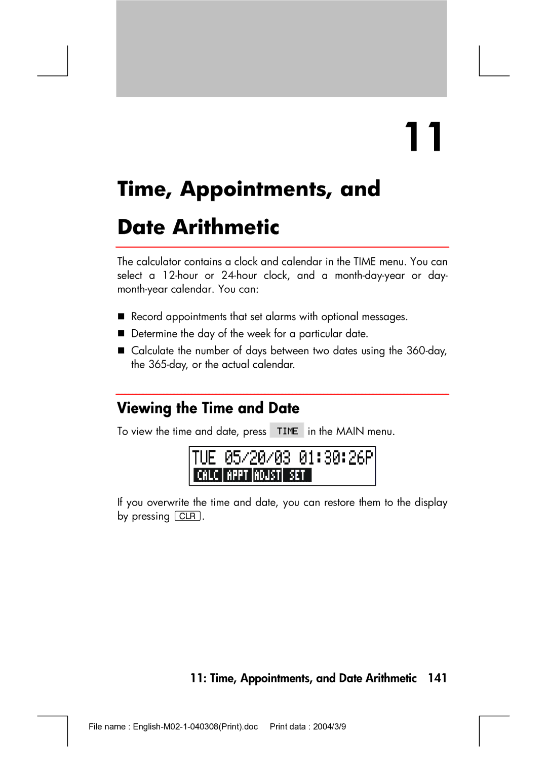 HP 17bII manual Time, Appointments, Date Arithmetic, Viewing the Time and Date, Time, Appointments, and Date Arithmetic 