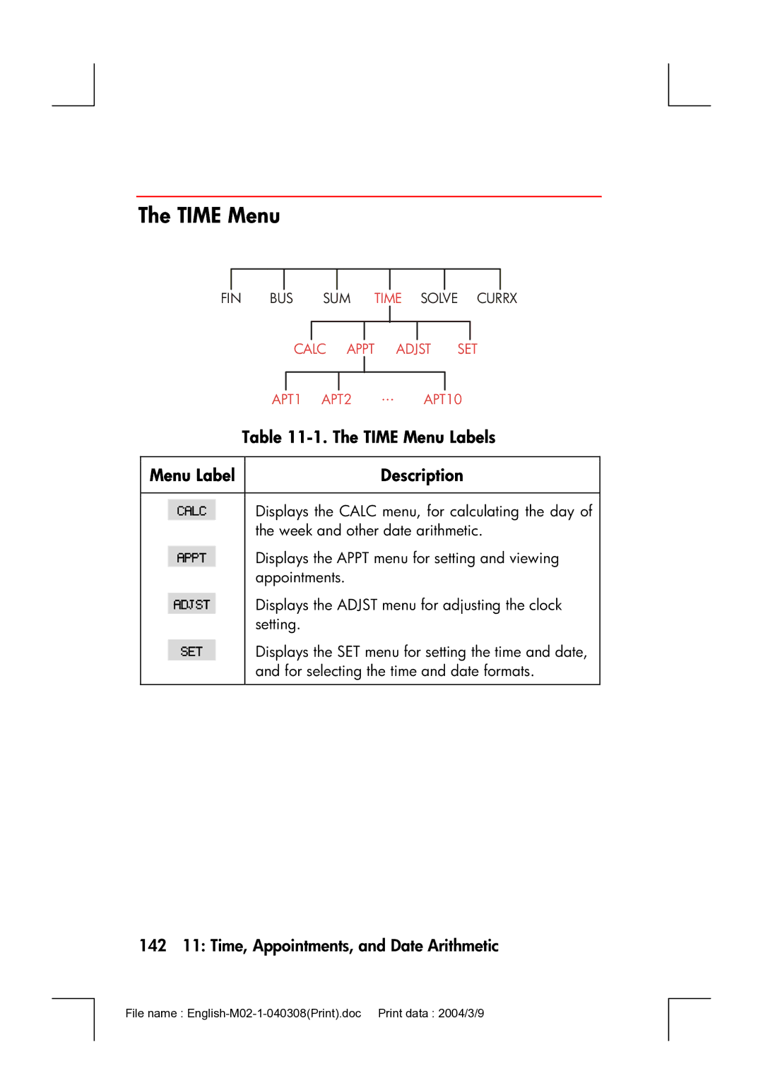 HP 17bII manual Time Menu Labels, 142 11 Time, Appointments, and Date Arithmetic 