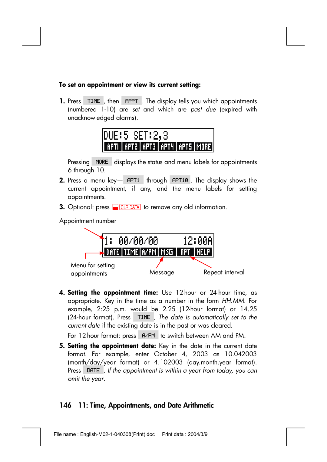 HP 17bII manual 146 11 Time, Appointments, and Date Arithmetic, To set an appointment or view its current setting 