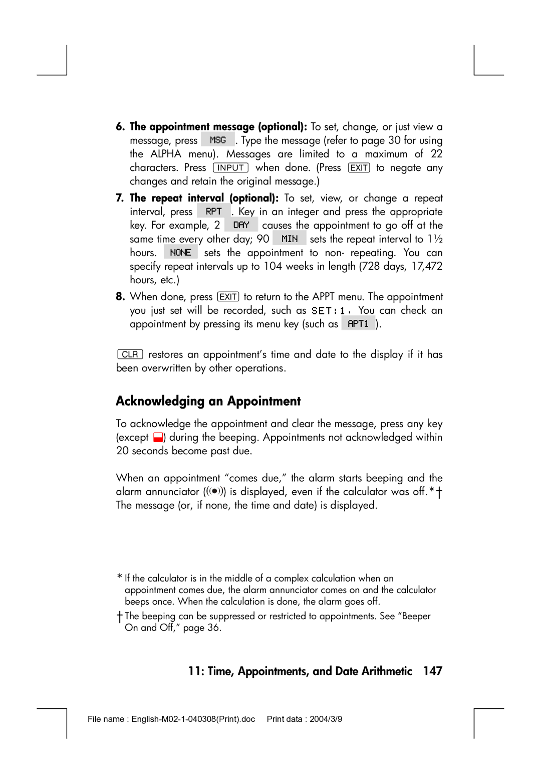 HP 17bII manual Acknowledging an Appointment 