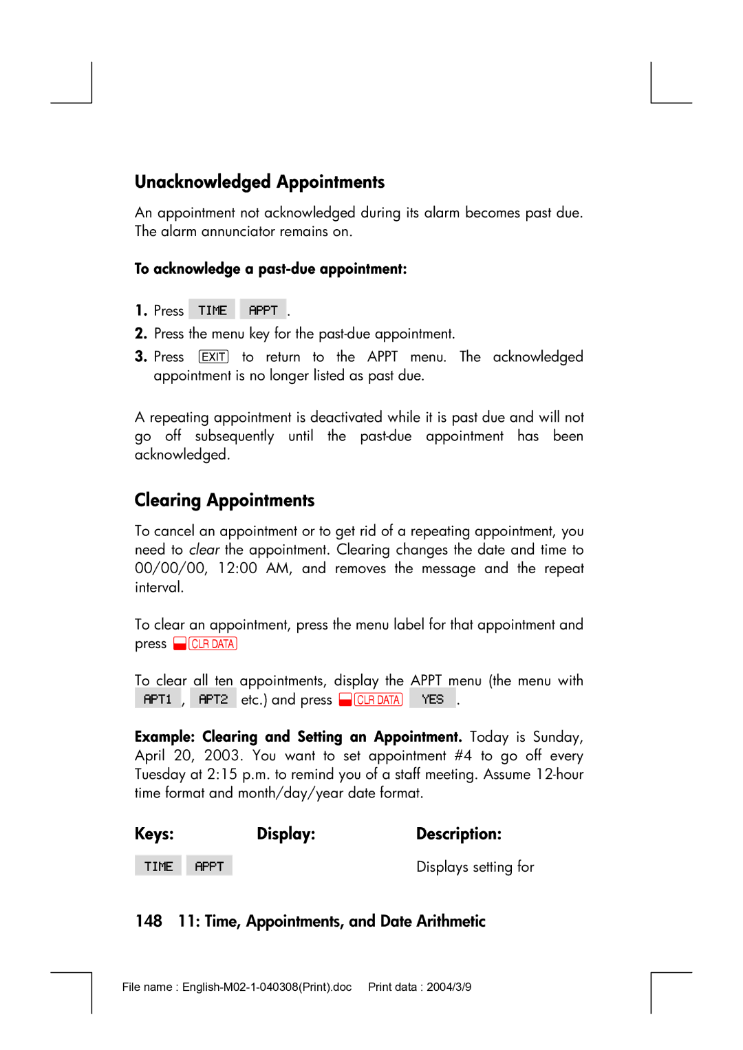 HP 17bII manual Unacknowledged Appointments, Clearing Appointments, 148 11 Time, Appointments, and Date Arithmetic 