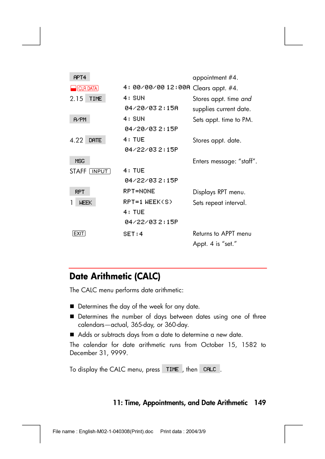 HP 17bII manual Date Arithmetic Calc 