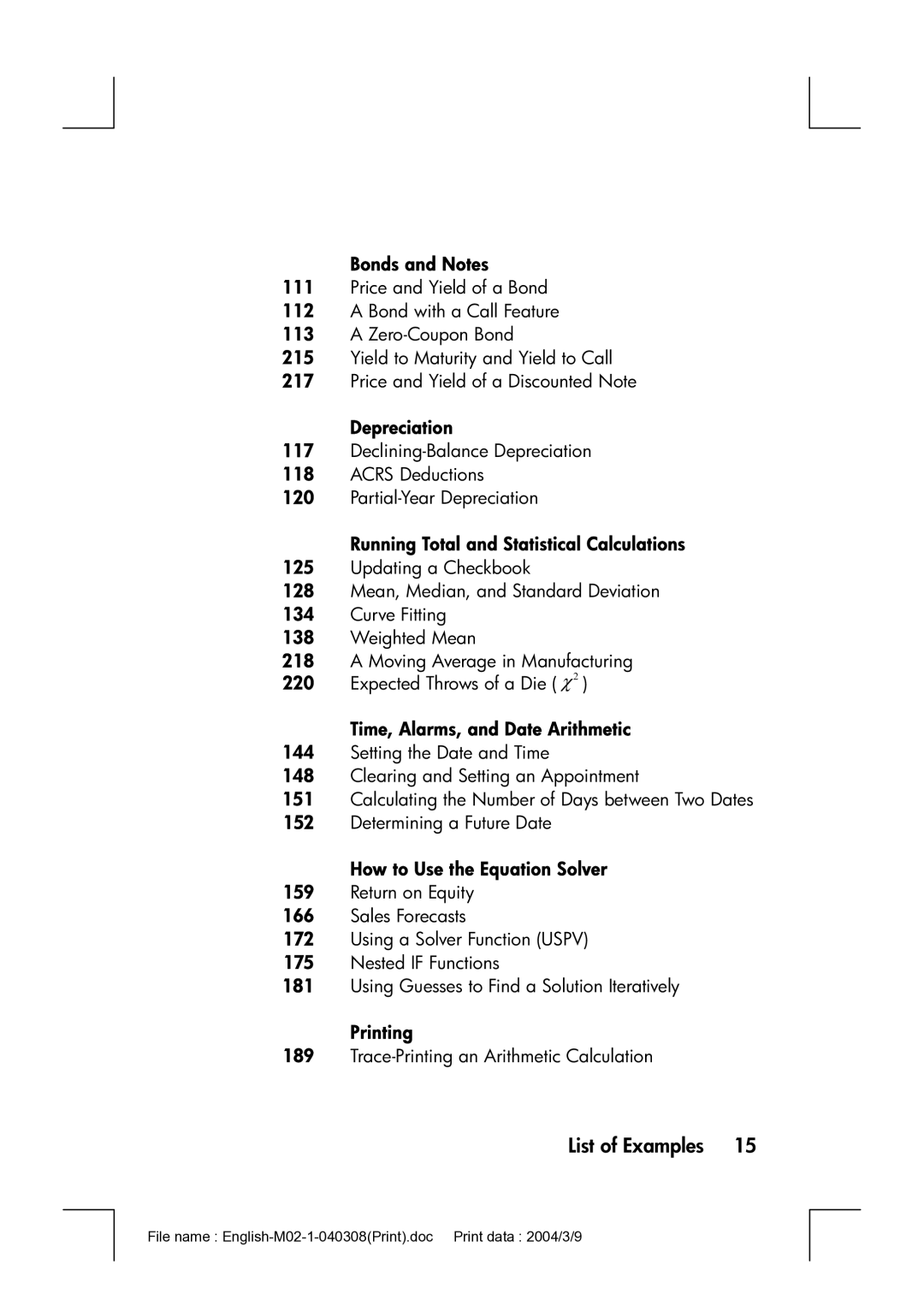 HP 17bII manual Bonds and Notes, Running Total and Statistical Calculations, Time, Alarms, and Date Arithmetic 