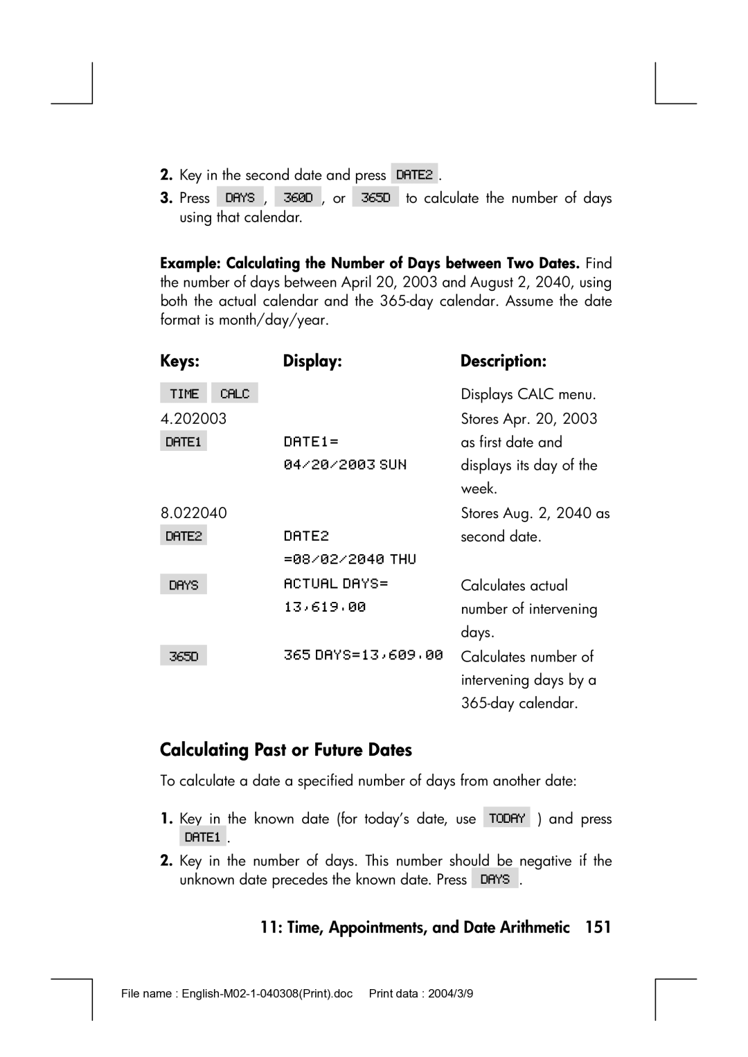 HP 17bII manual Calculating Past or Future Dates, Keys Display Description 