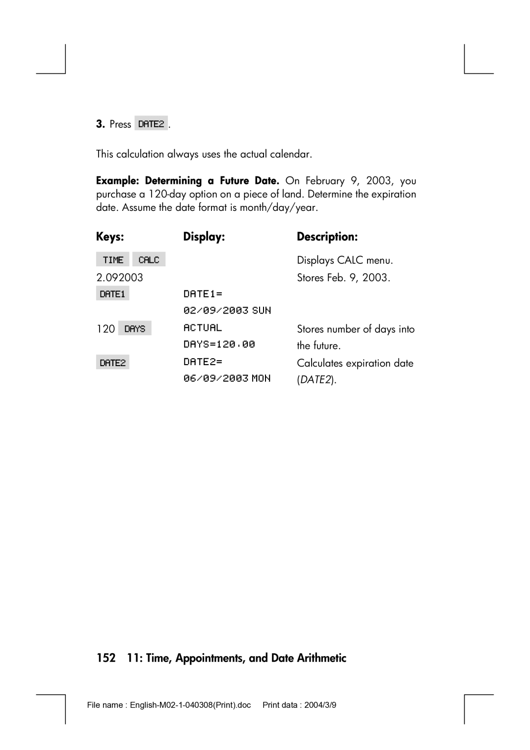 HP 17bII manual 152 11 Time, Appointments, and Date Arithmetic, DATE2 