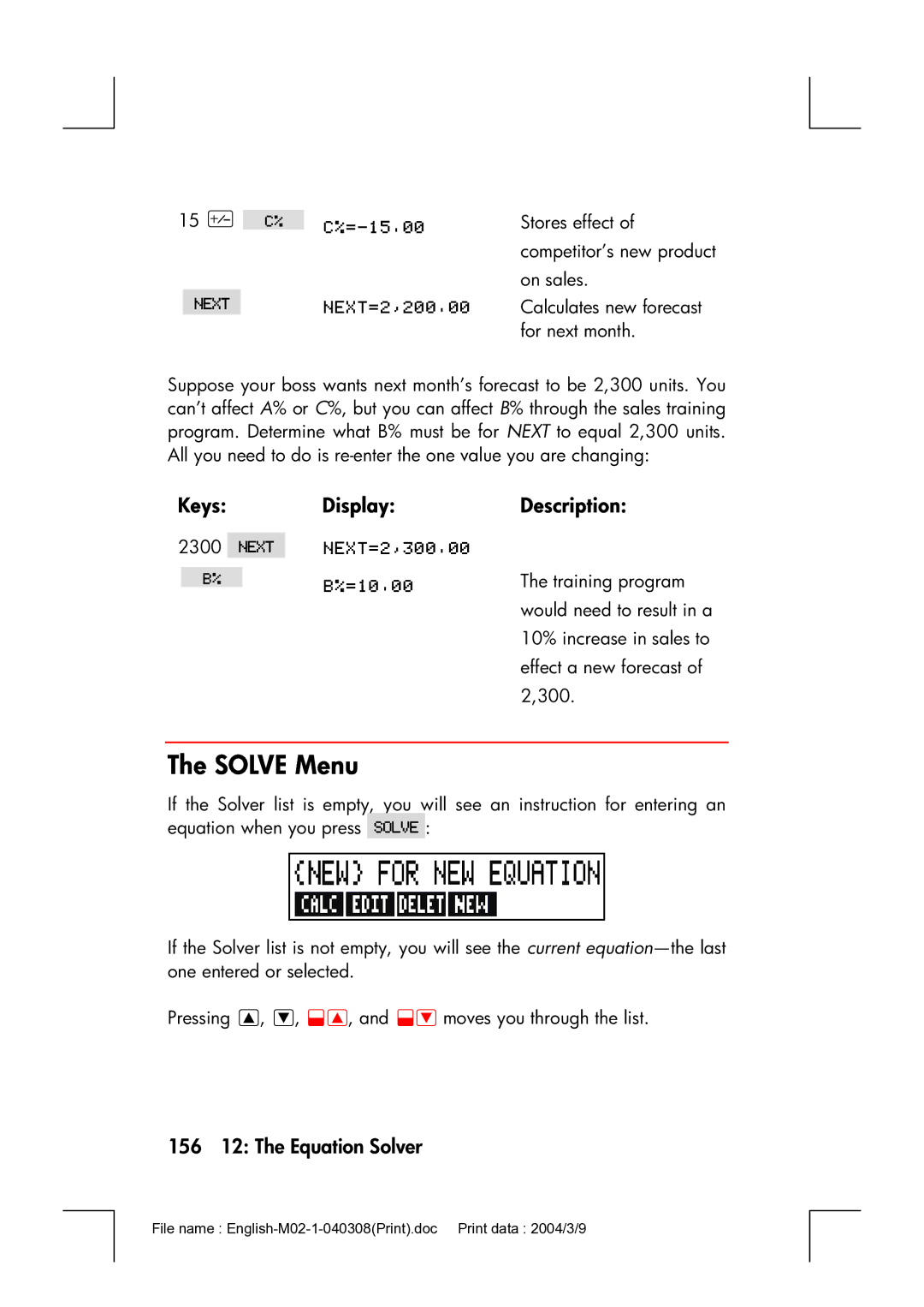 HP 17bII manual Solve Menu, 156 12 The Equation Solver, Keys 