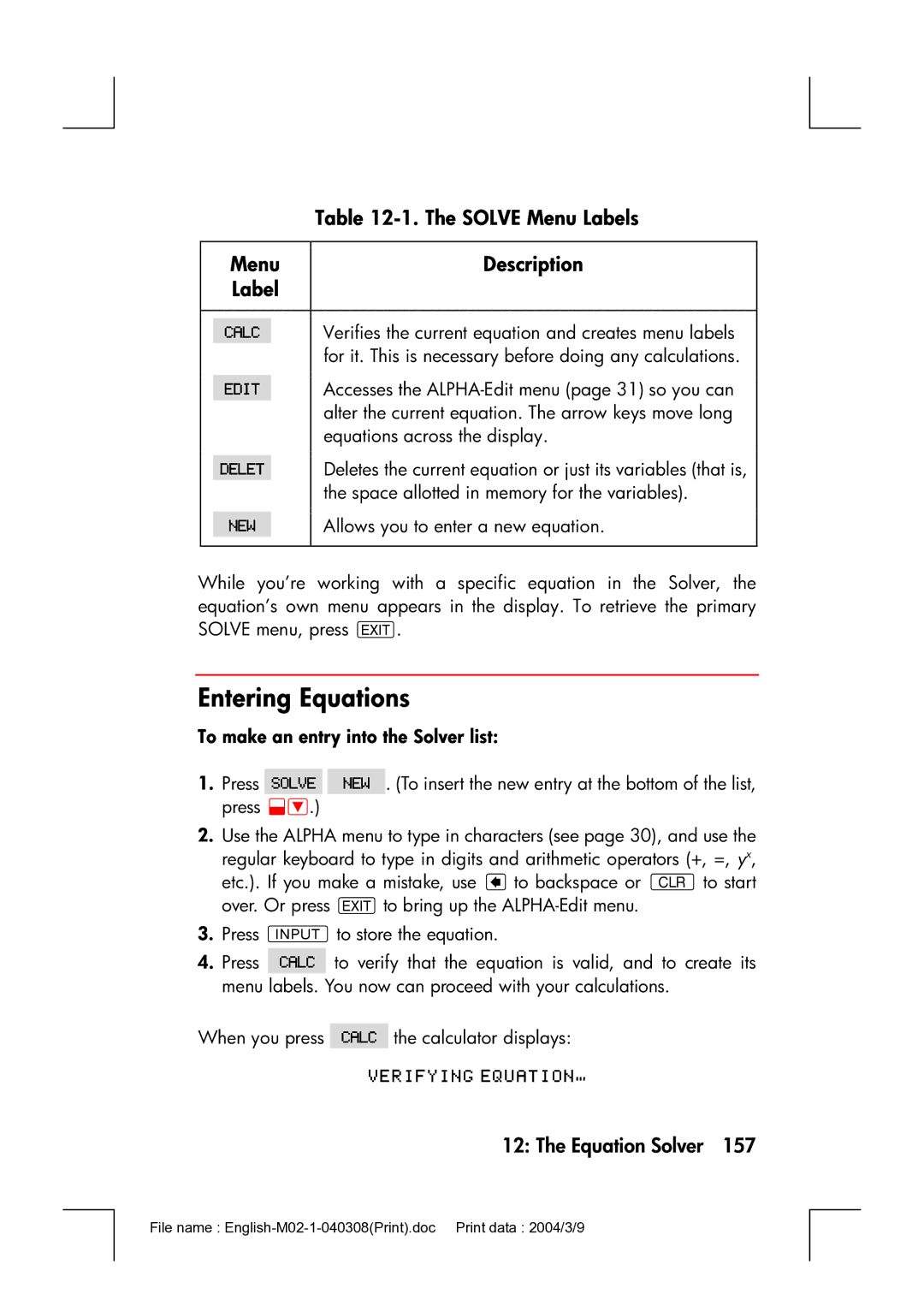 HP 17bII manual Entering Equations, Solve Menu Labels, To make an entry into the Solver list 