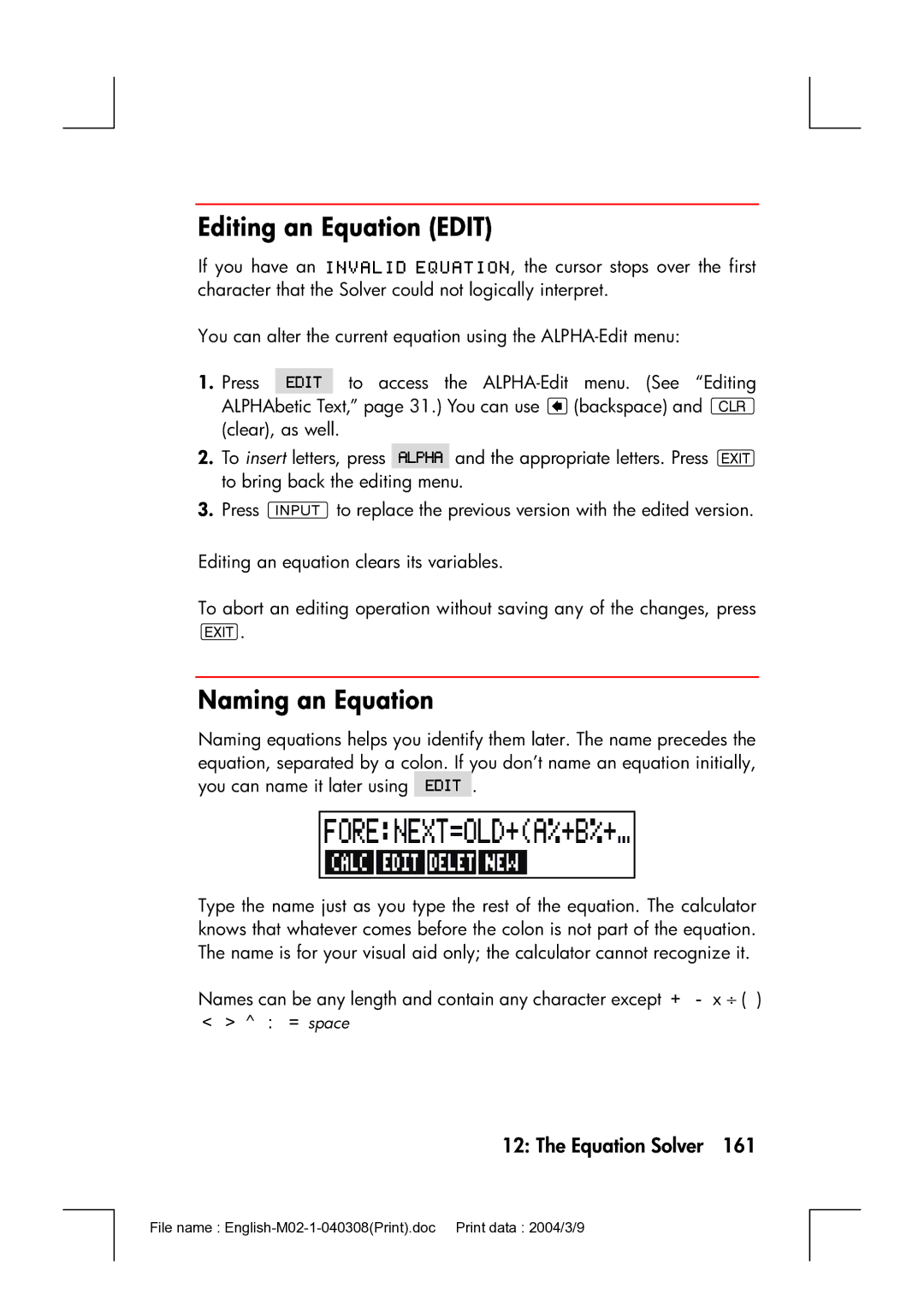 HP 17bII manual Editing an Equation Edit, Naming an Equation 