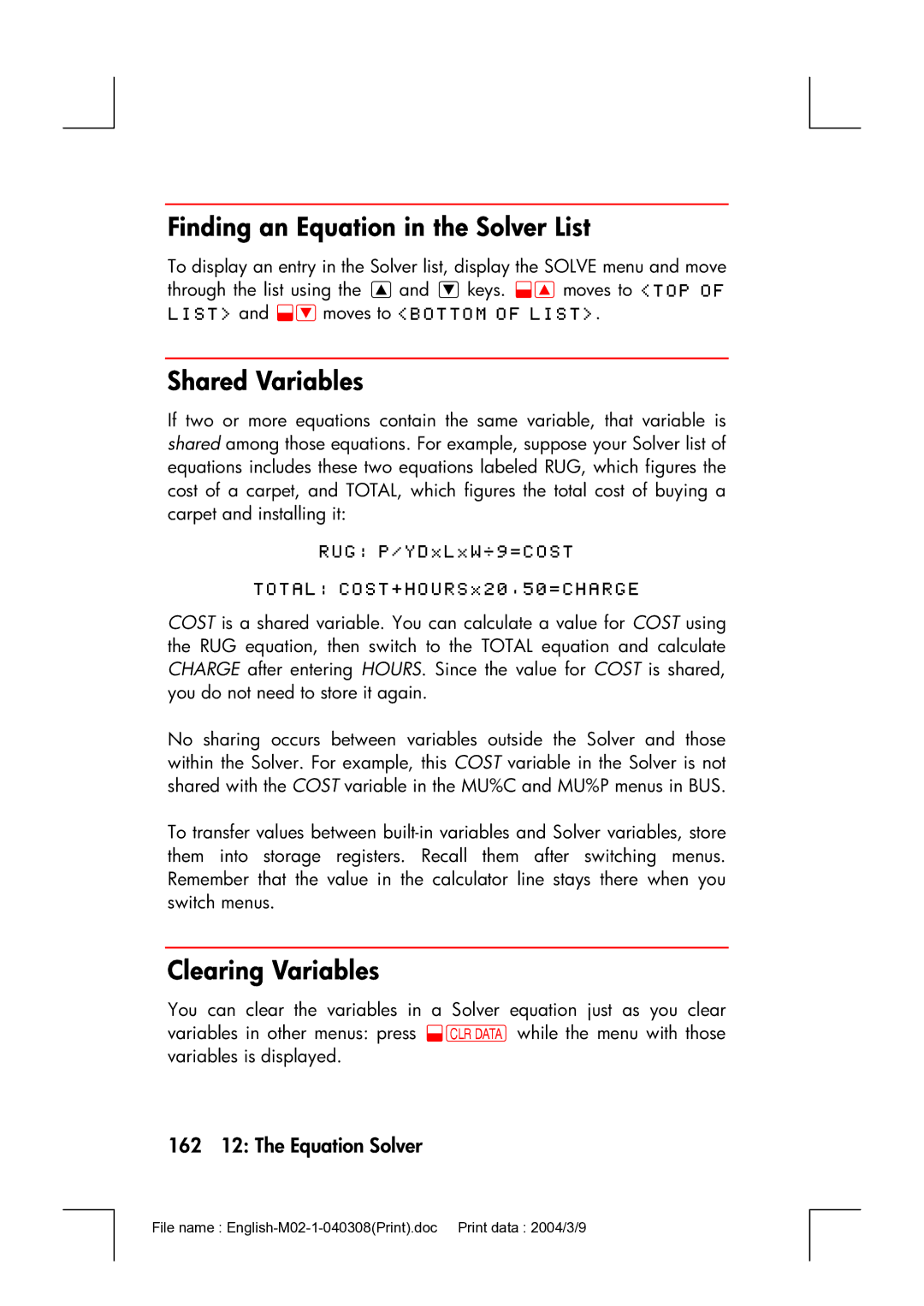 HP 17bII manual Finding an Equation in the Solver List, Shared Variables, Clearing Variables, 162 12 The Equation Solver 