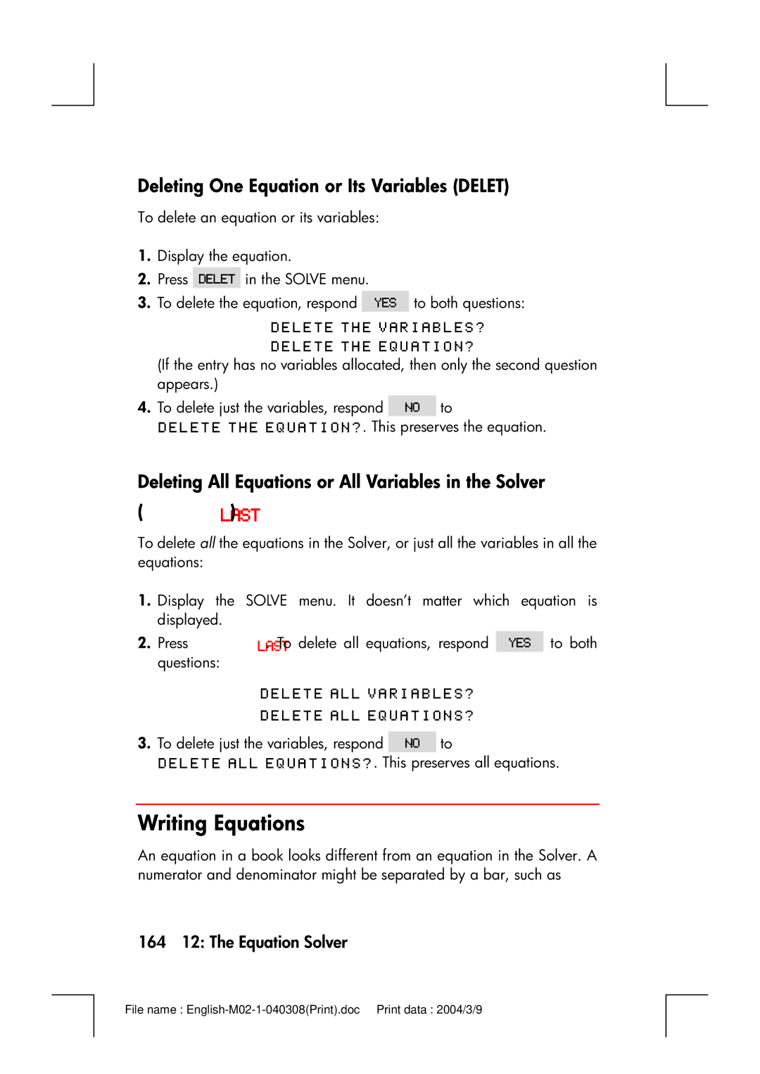 HP 17bII manual Writing Equations, Deleting One Equation or Its Variables Delet, 164 12 The Equation Solver 