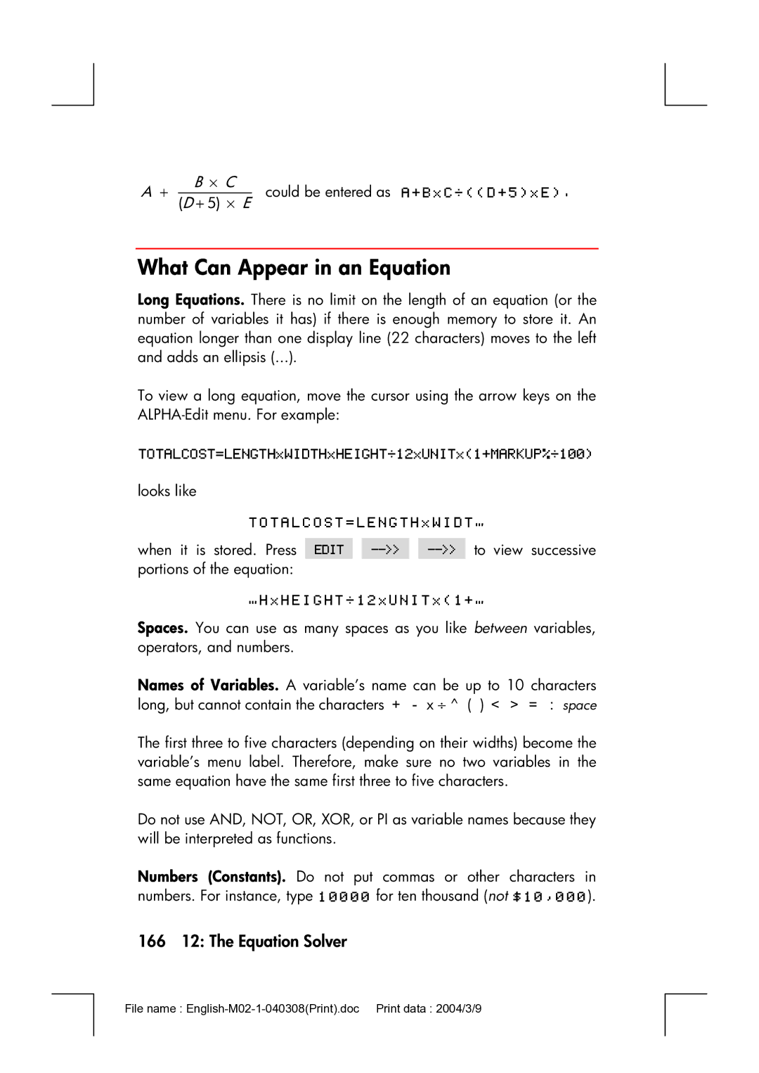 HP 17bII manual What Can Appear in an Equation, 166 12 The Equation Solver, + 5 ⋅ E 