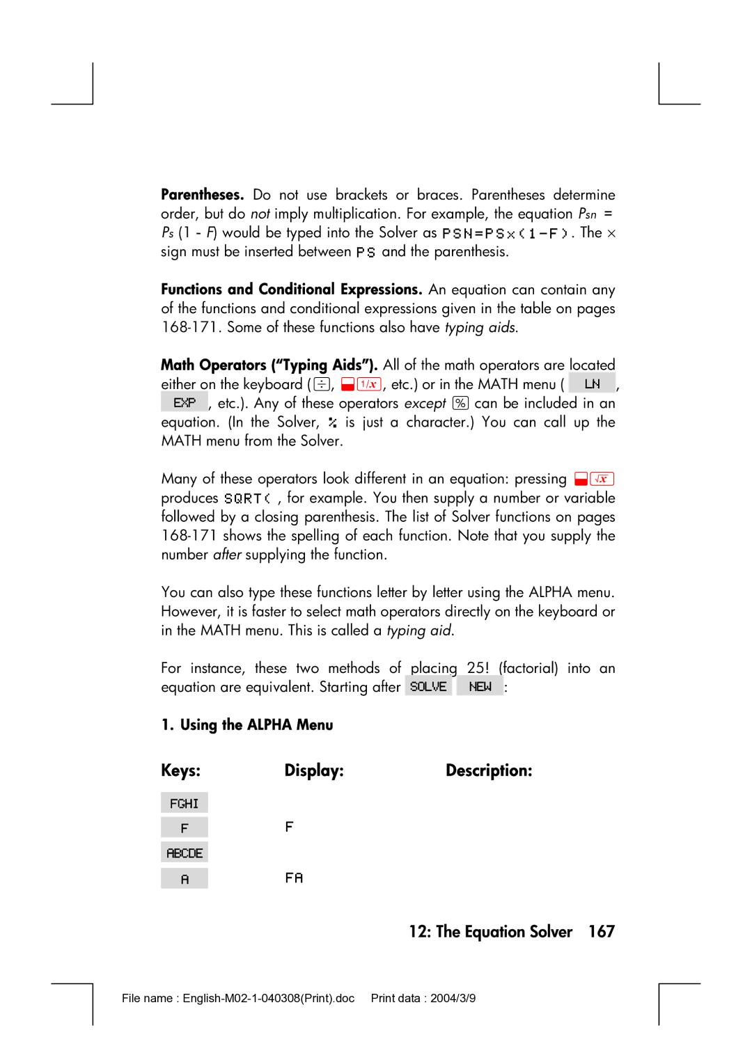 HP 17bII manual KeysDisplayDescription, Using the Alpha Menu 