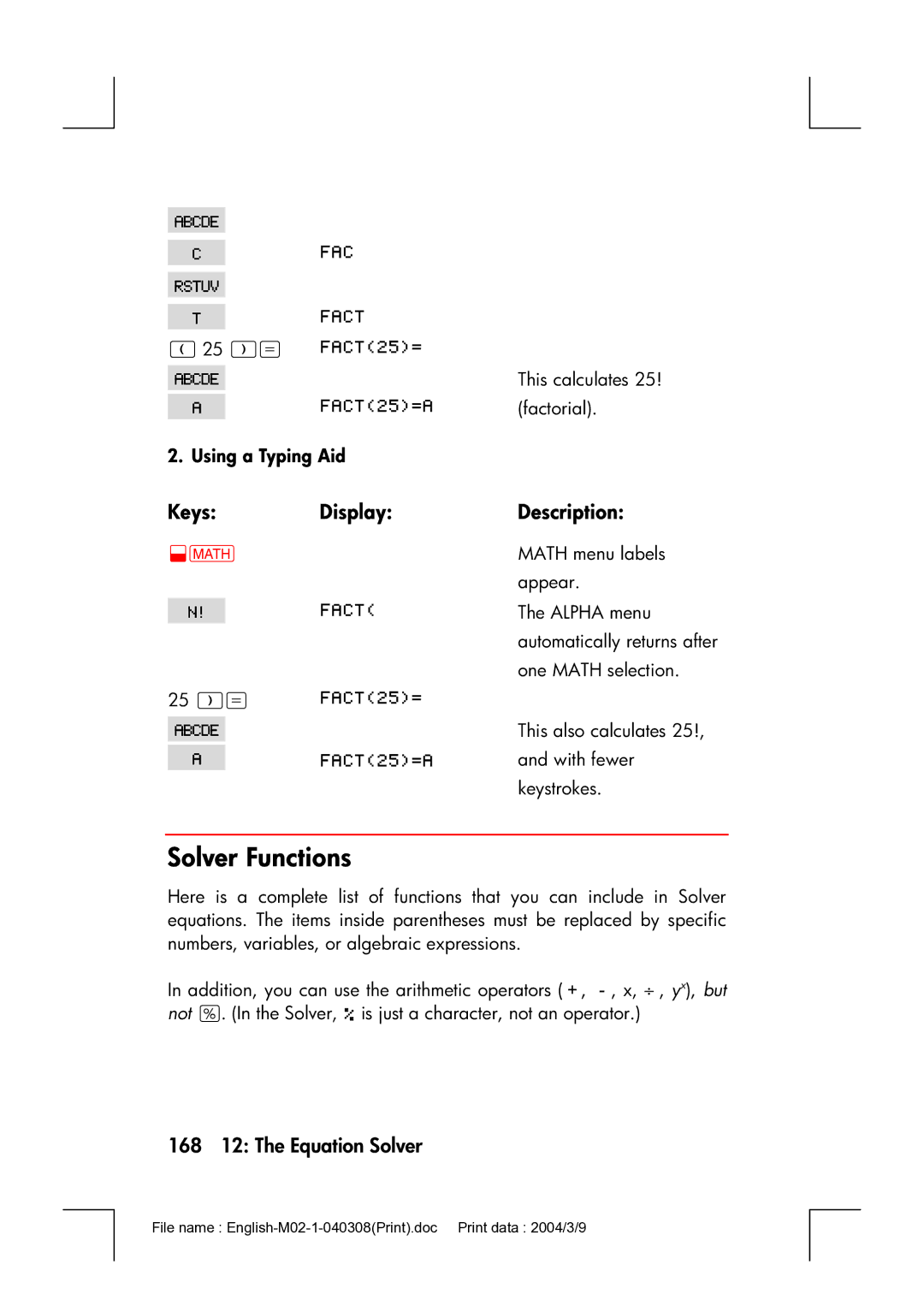 HP 17bII manual Solver Functions, 168 12 The Equation Solver, Using a Typing Aid 