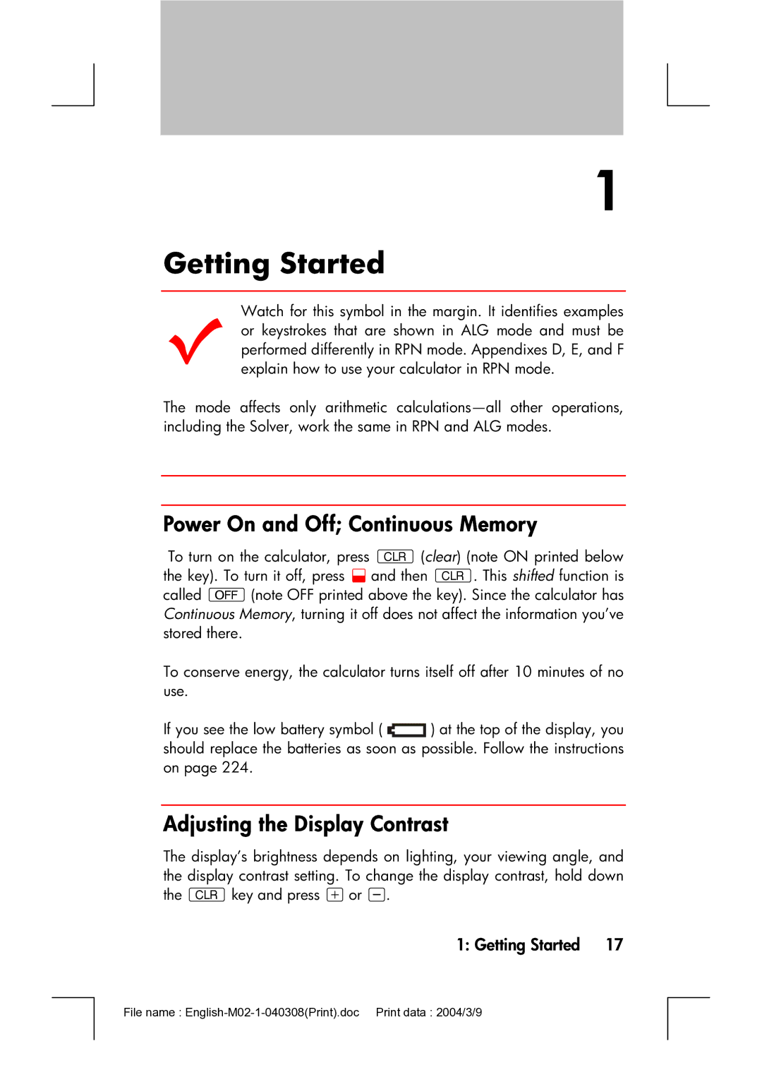 HP 17bII manual Getting Started, Power On and Off Continuous Memory, Adjusting the Display Contrast 