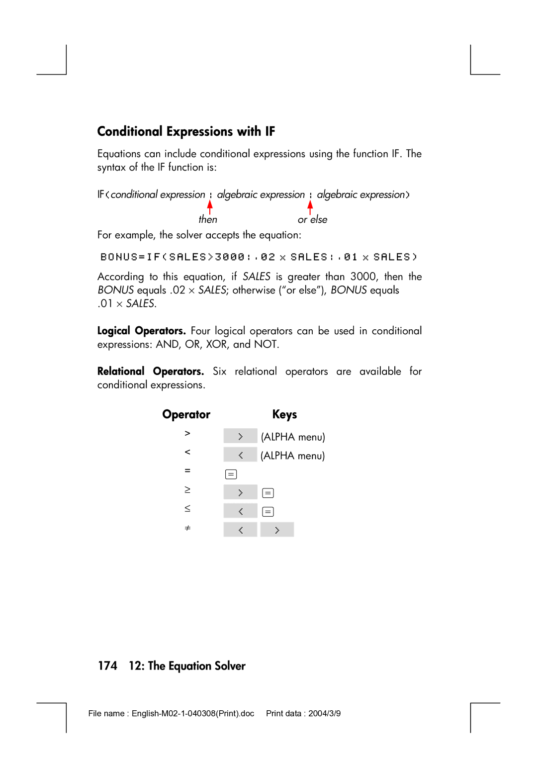 HP 17bII manual Conditional Expressions with if, OperatorKeys, ≥ = ≤ = ≠  174 12 The Equation Solver 