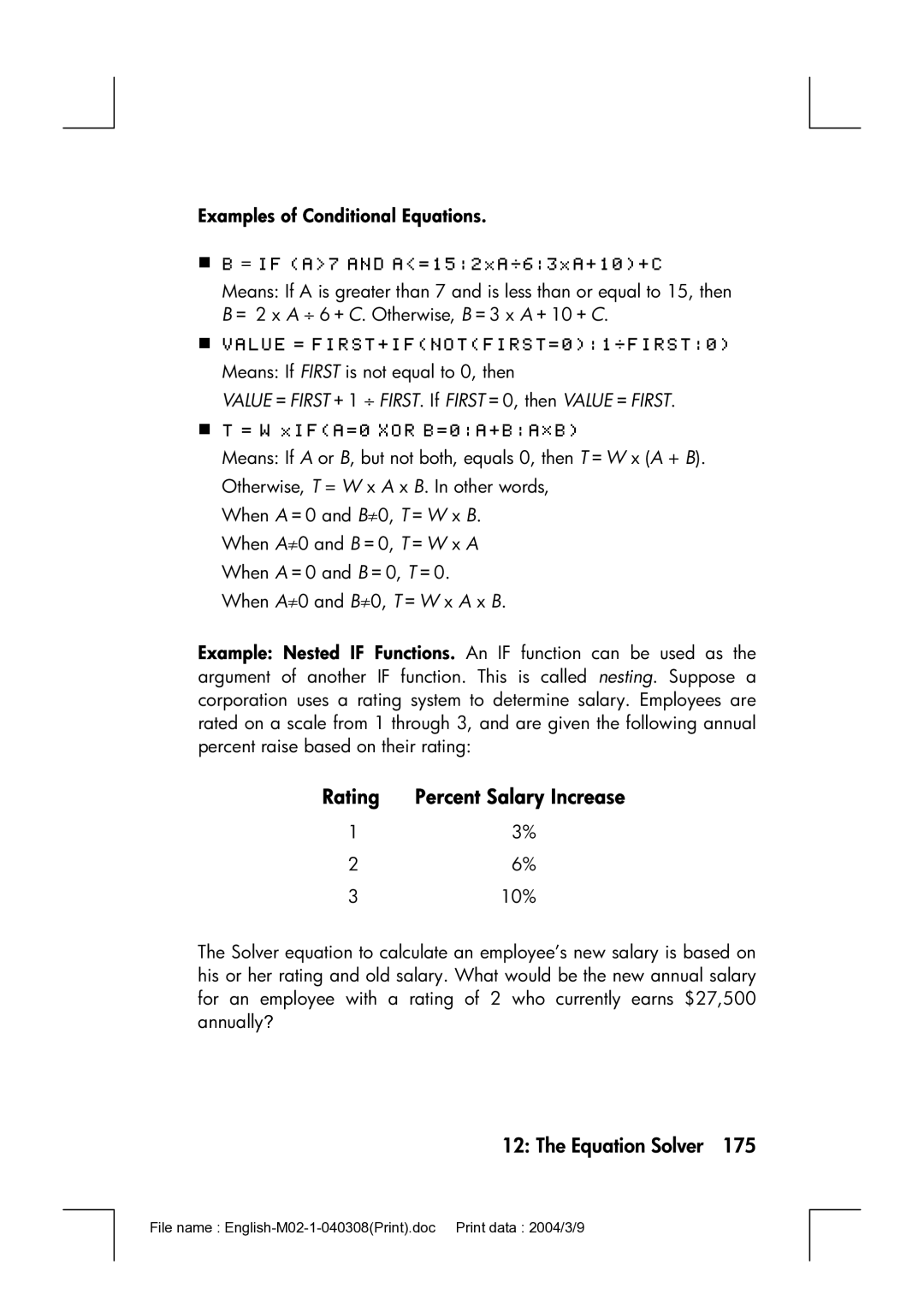 HP 17bII manual Rating, Examples of Conditional Equations, VALUE＝FIRST＋1 ⎟ FIRST. If FIRST＝0, then VALUE＝FIRST 