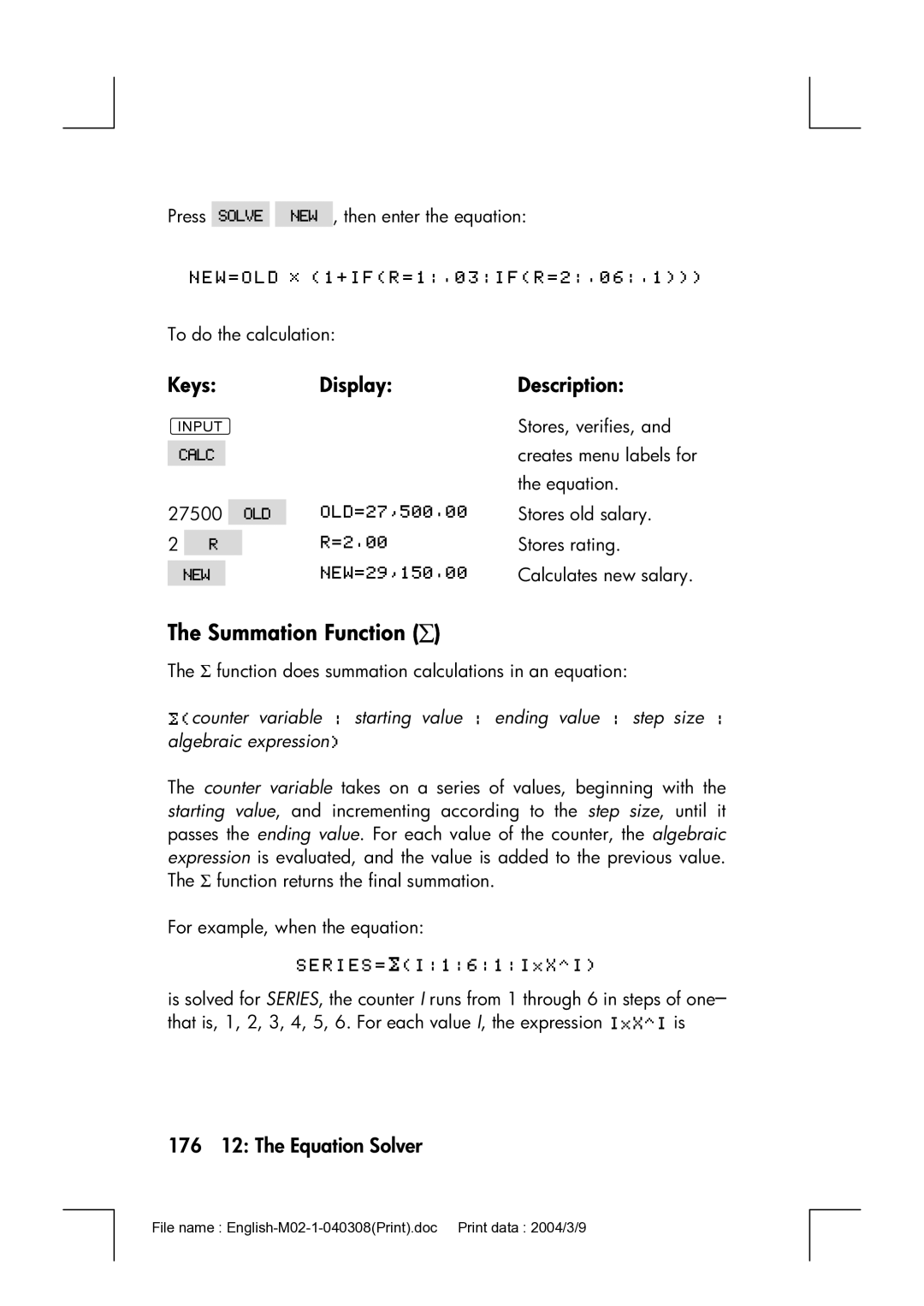 HP 17bII manual Summation Function ∑, 176 12 The Equation Solver 