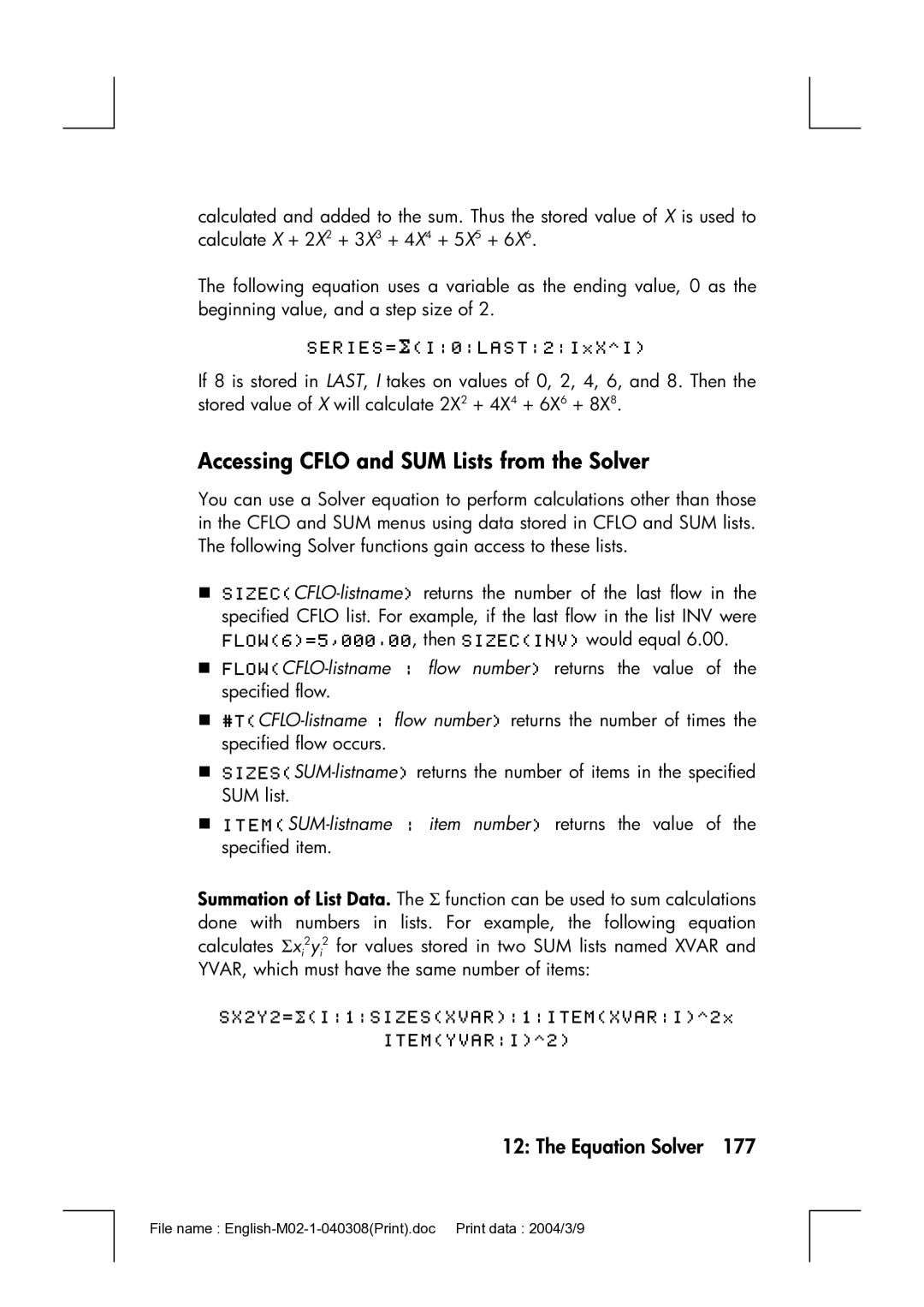 HP 17bII manual Accessing Cflo and SUM Lists from the Solver 