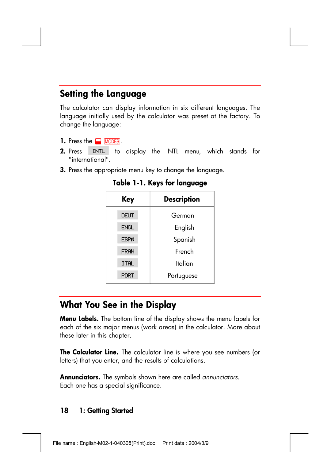 HP 17bII manual Setting the Language, What You See in the Display, Keys for language Key Description, 18 1 Getting Started 