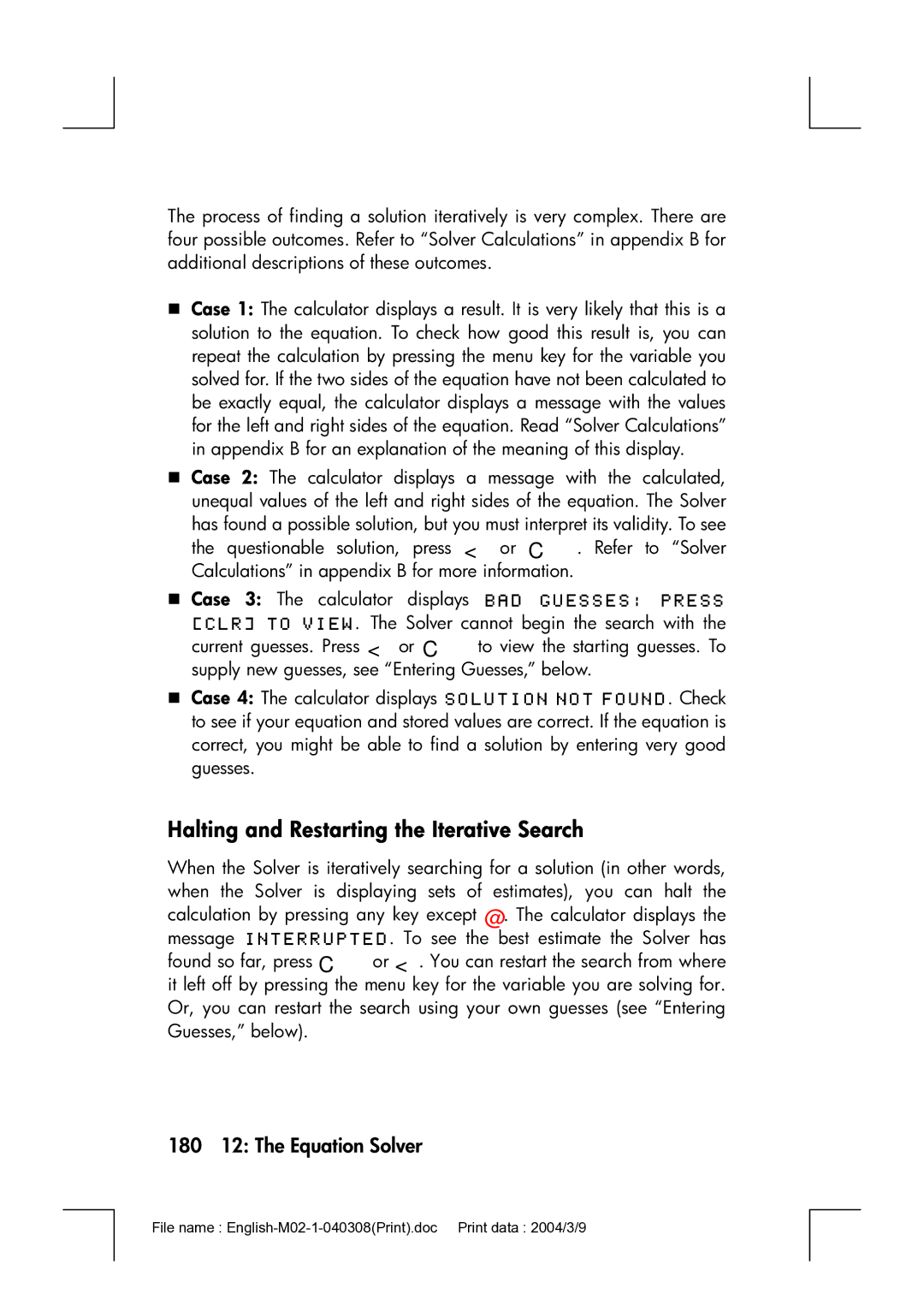 HP 17bII manual Halting and Restarting the Iterative Search, 180 12 The Equation Solver 