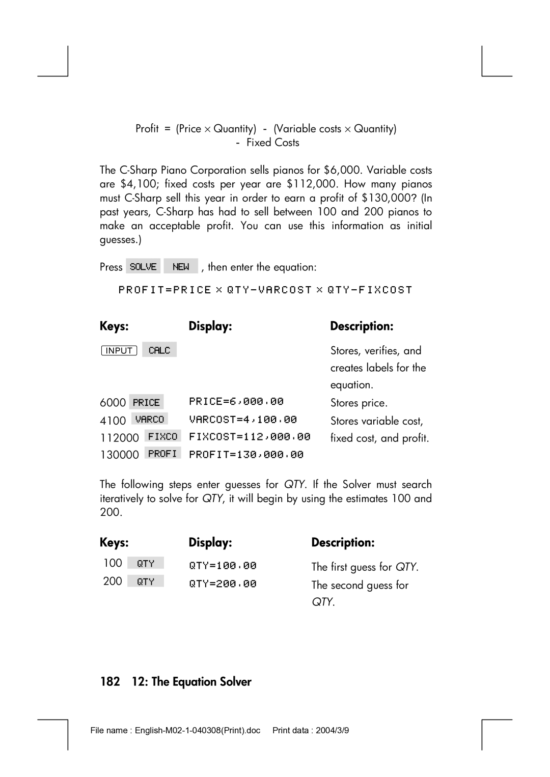 HP 17bII manual Keys Display Description, 182 12 The Equation Solver 