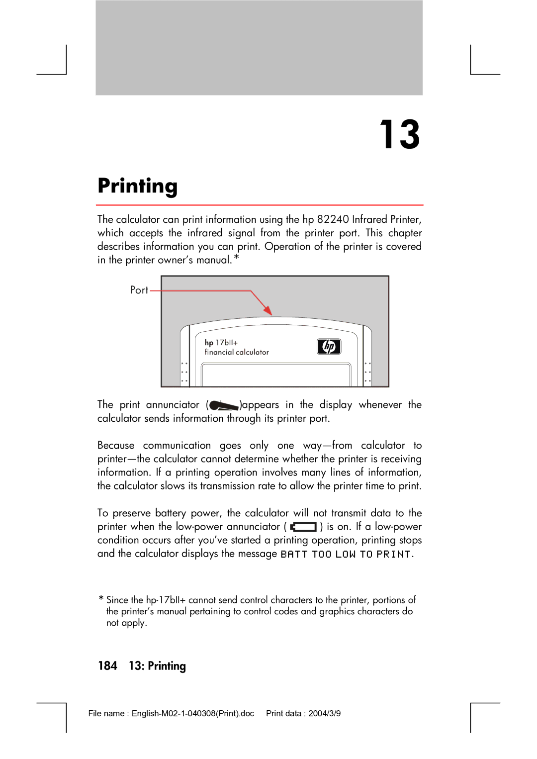 HP 17bII manual 184 13 Printing 