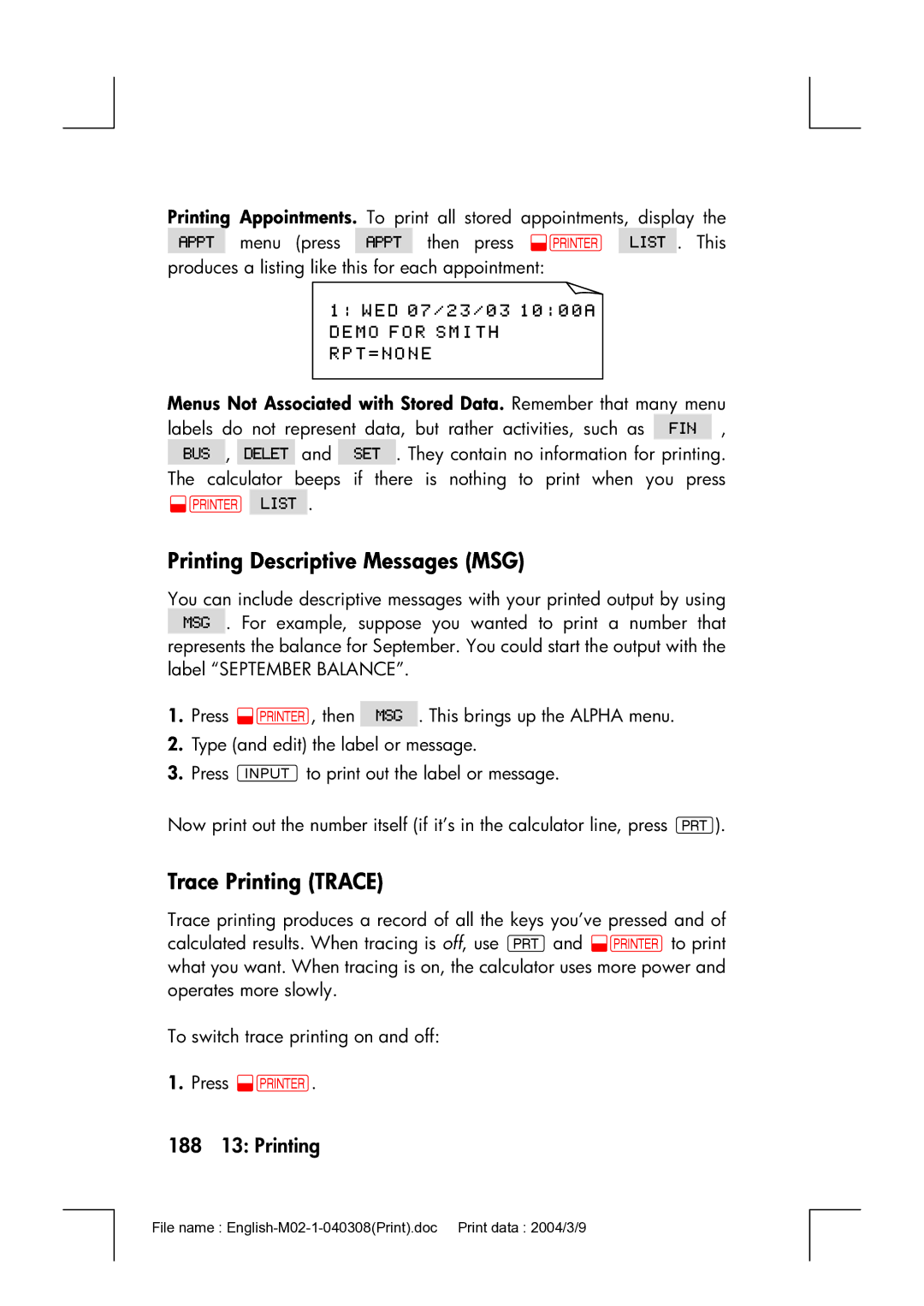 HP 17bII manual Printing Descriptive Messages MSG, Trace Printing Trace, 188 13 Printing 