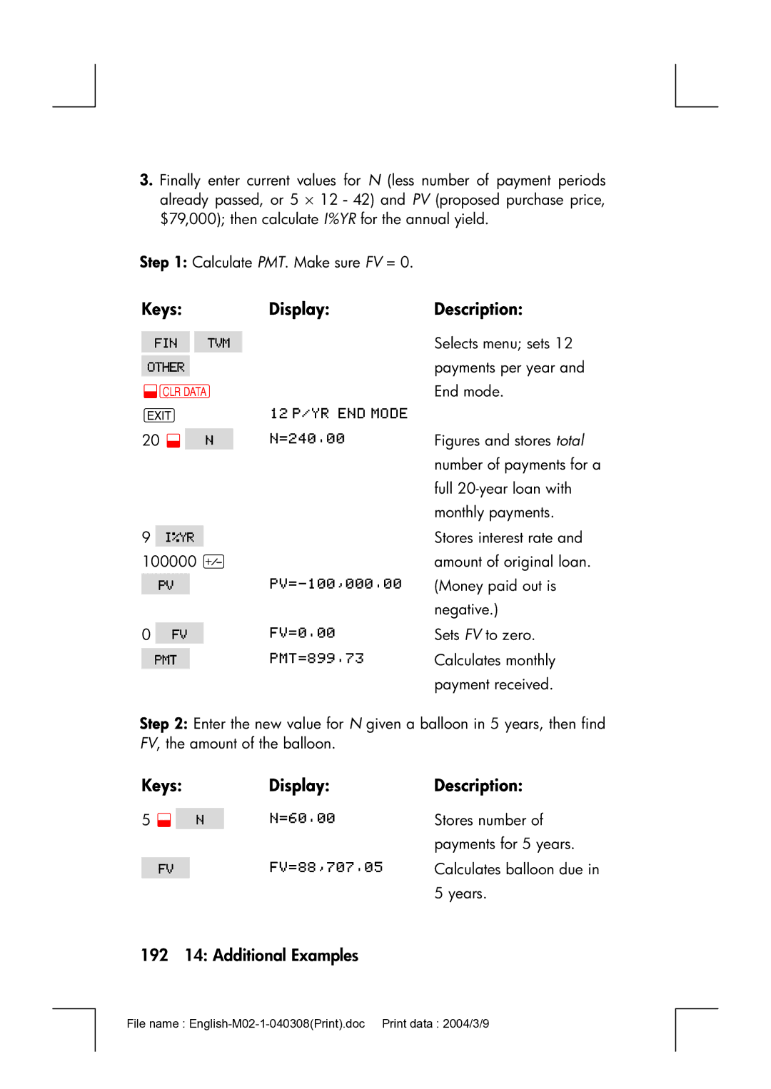 HP 17bII manual 192 14 Additional Examples, Figures and stores total 