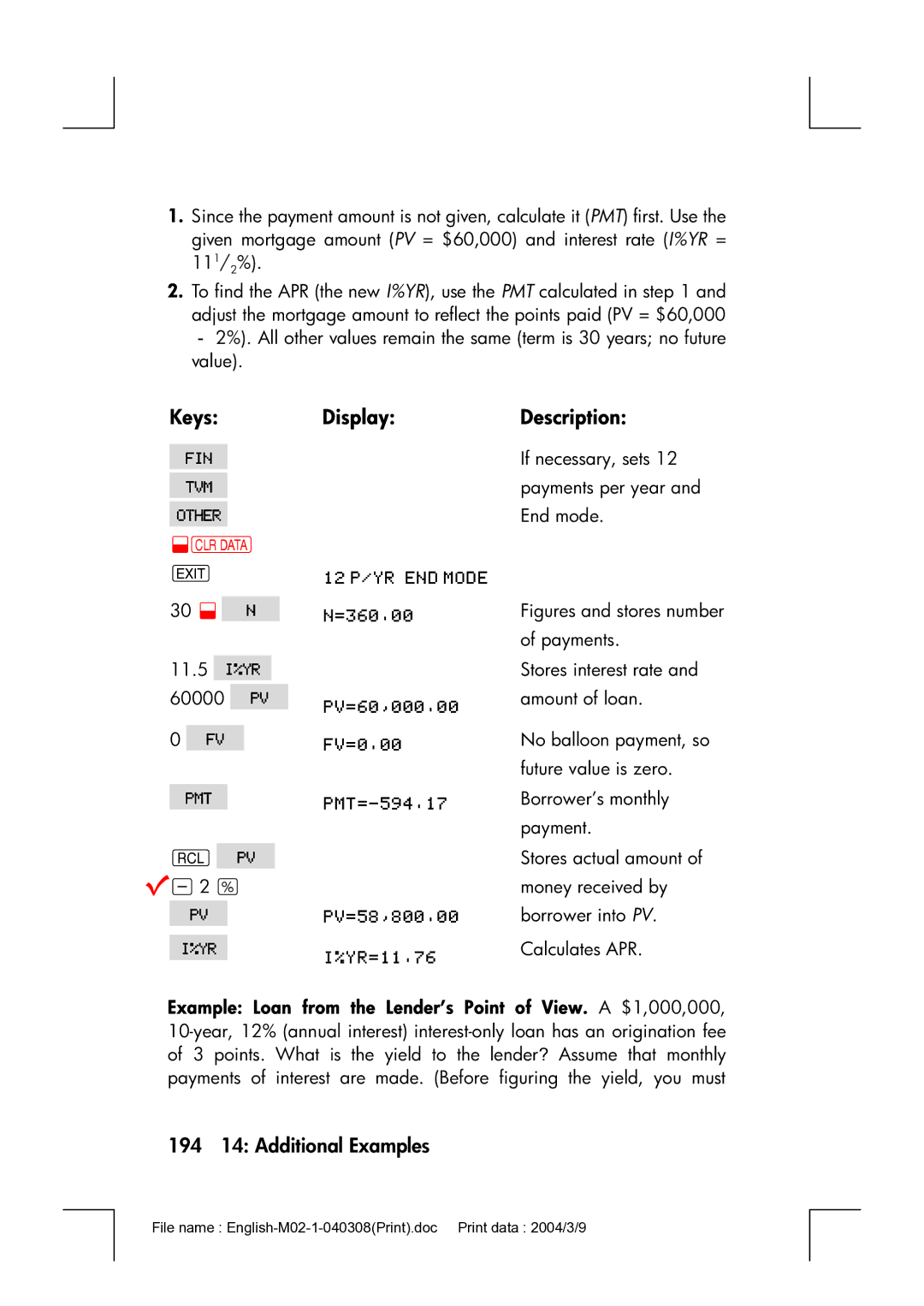 HP 17bII manual 11.5 , 194 14 Additional Examples 