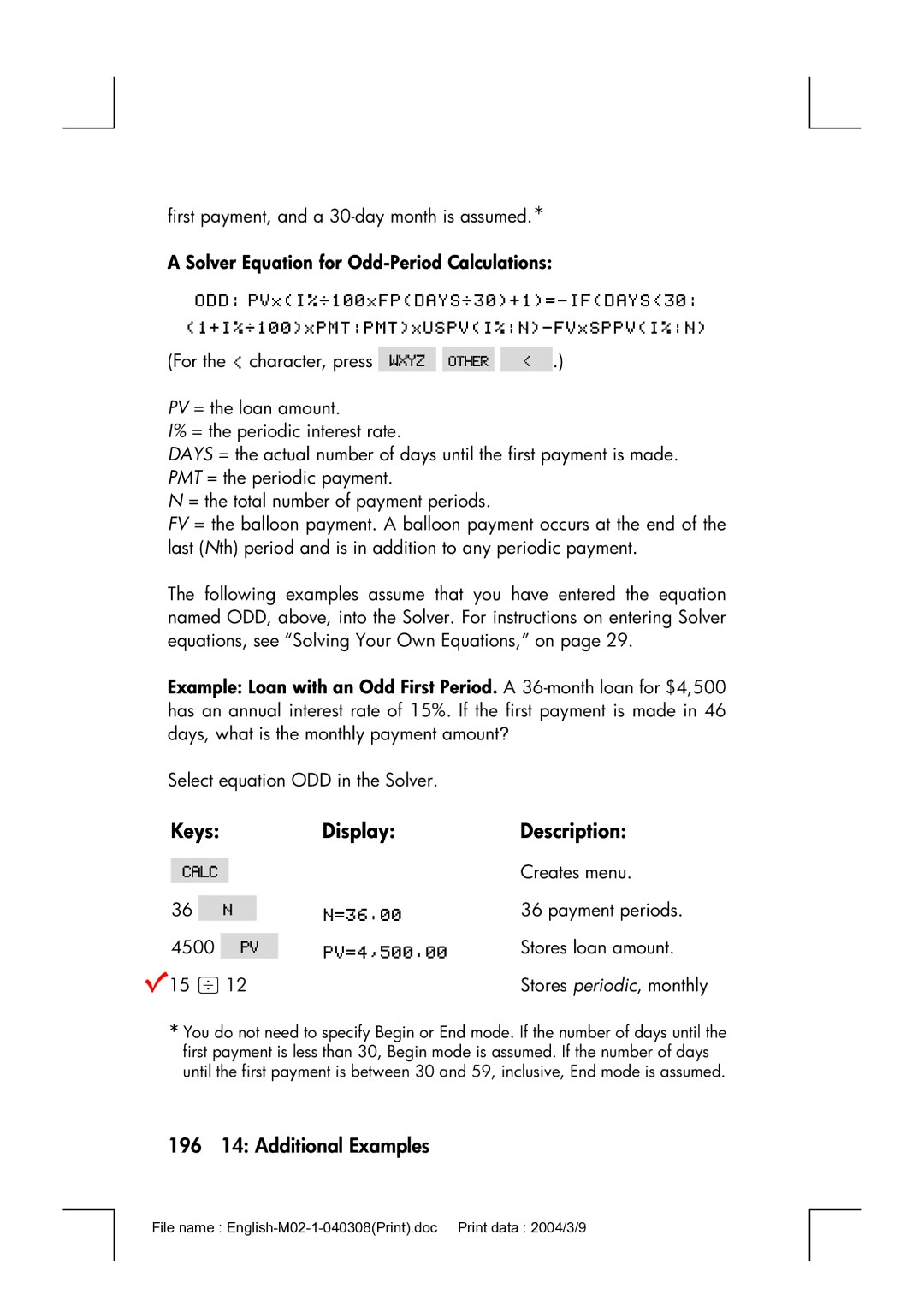 HP 17bII manual 196 14 Additional Examples, Solver Equation for Odd-Period Calculations 