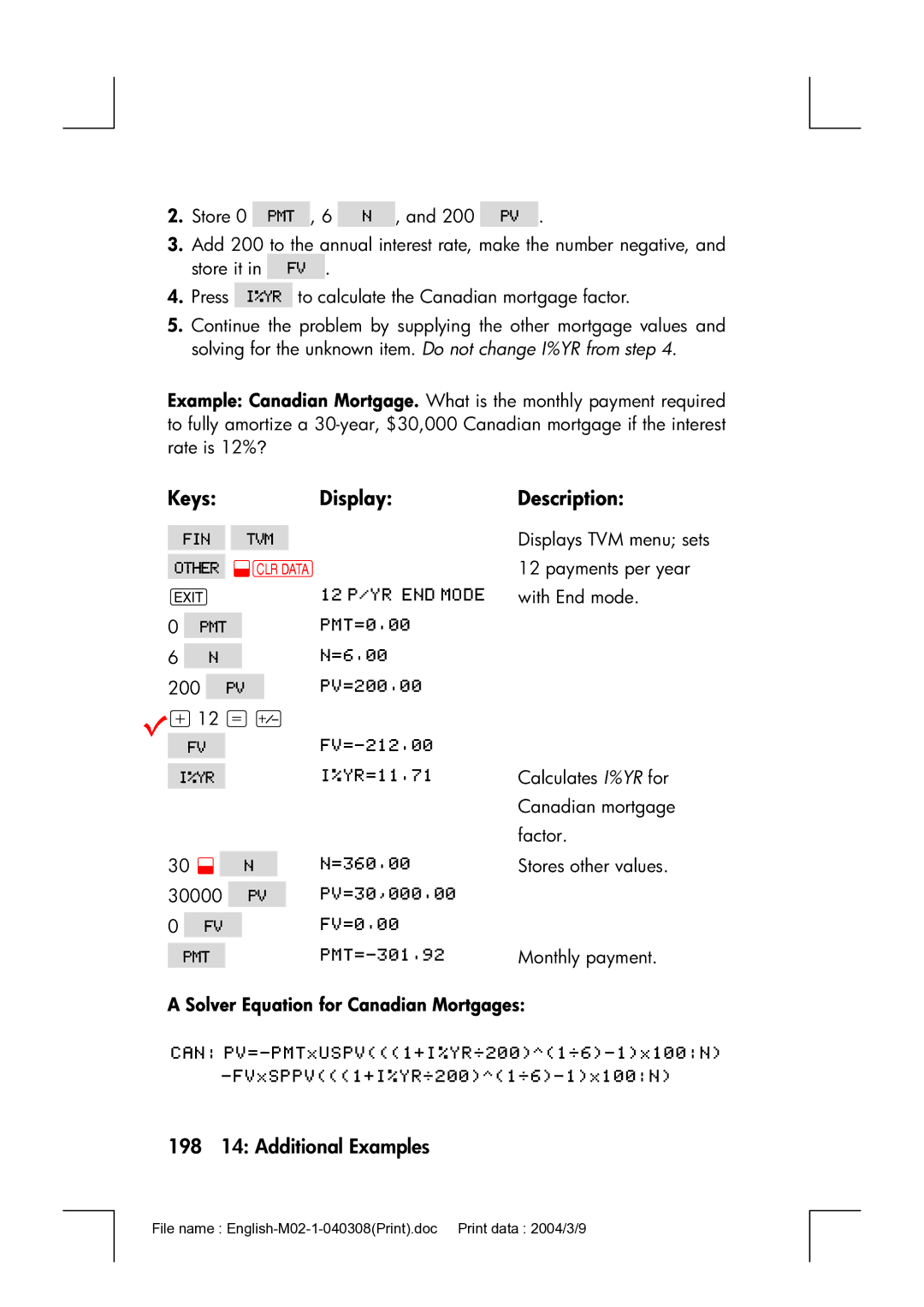 HP 17bII manual 198 14 Additional Examples, Solver Equation for Canadian Mortgages 