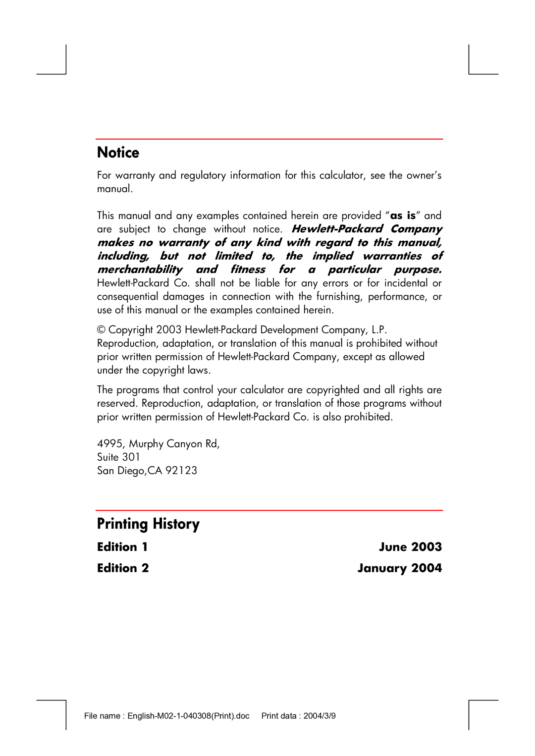 HP 17bII manual Printing History, Edition June January 