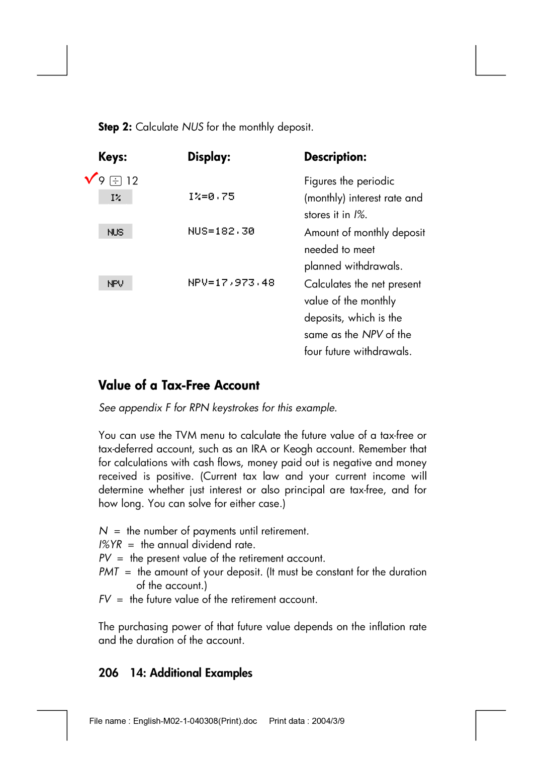 HP 17bII manual Value of a Tax-Free Account, 206 14 Additional Examples 